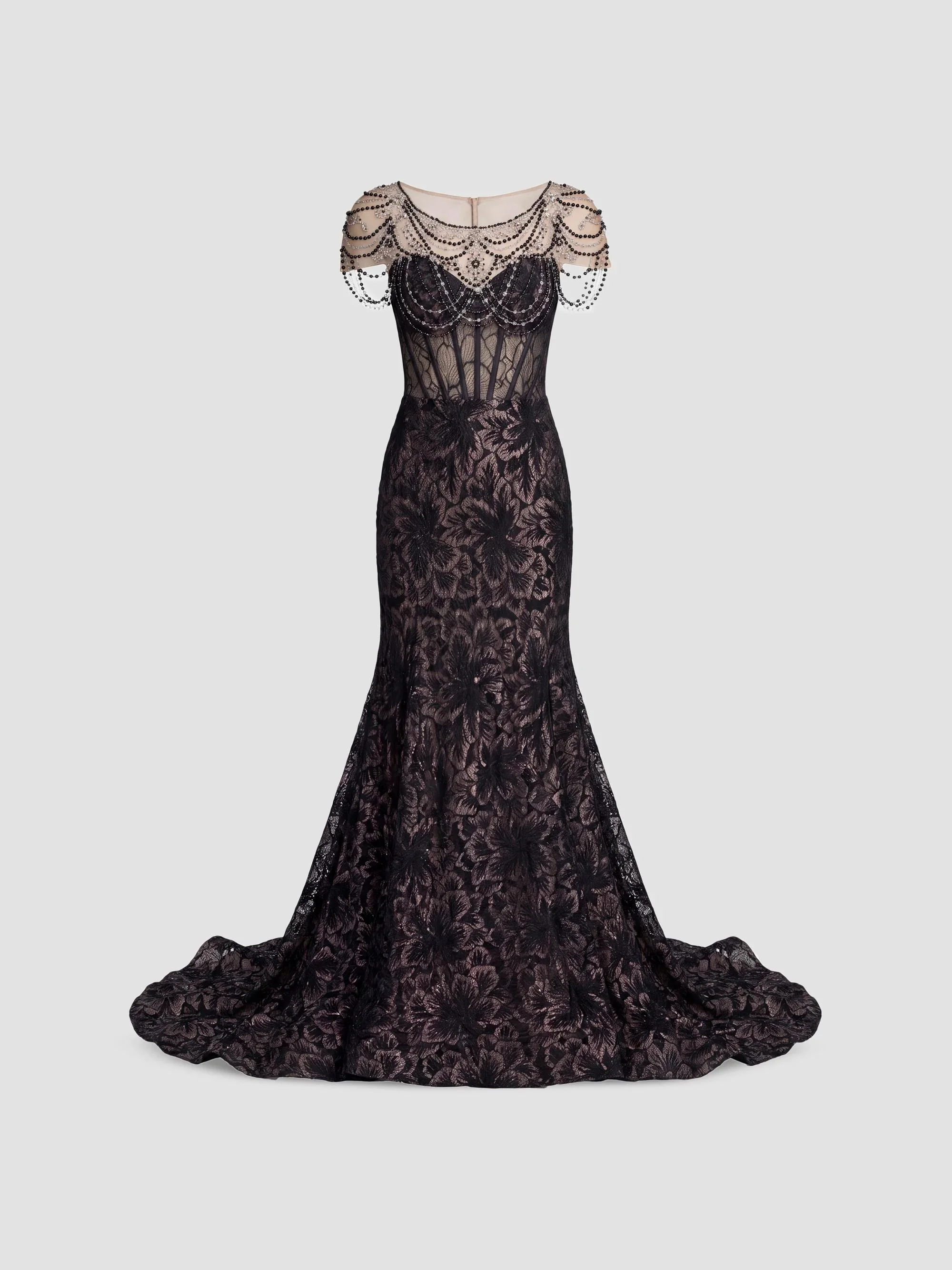 Women's Embellished Lace Bustier Trumpet Gown - Black - 1