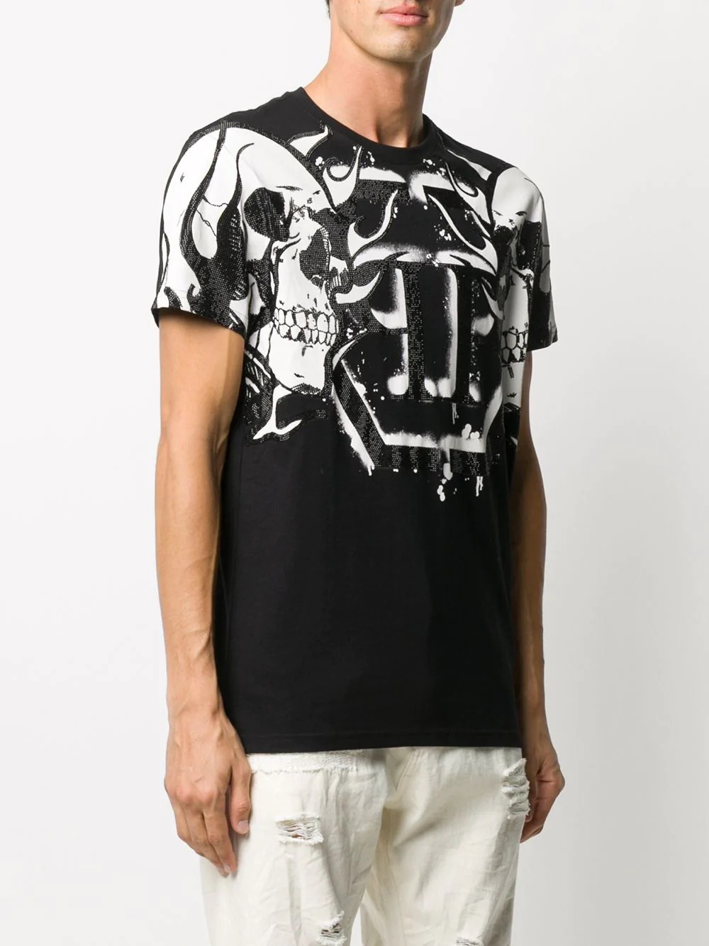 round neck skull print embellished T-shirt - 3