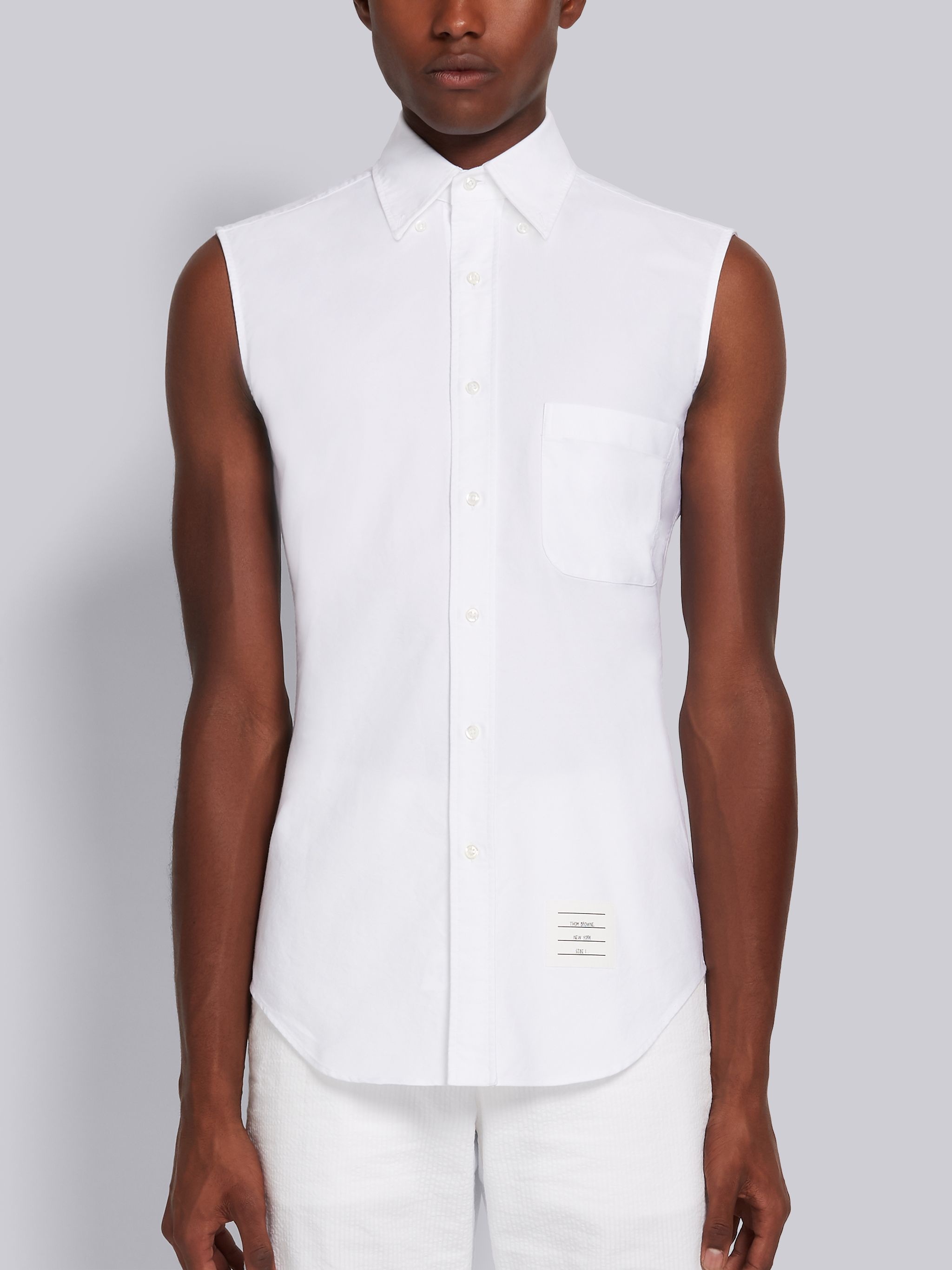 White Cotton Oxford Sleeveless Classic Button Down Shirt - 3