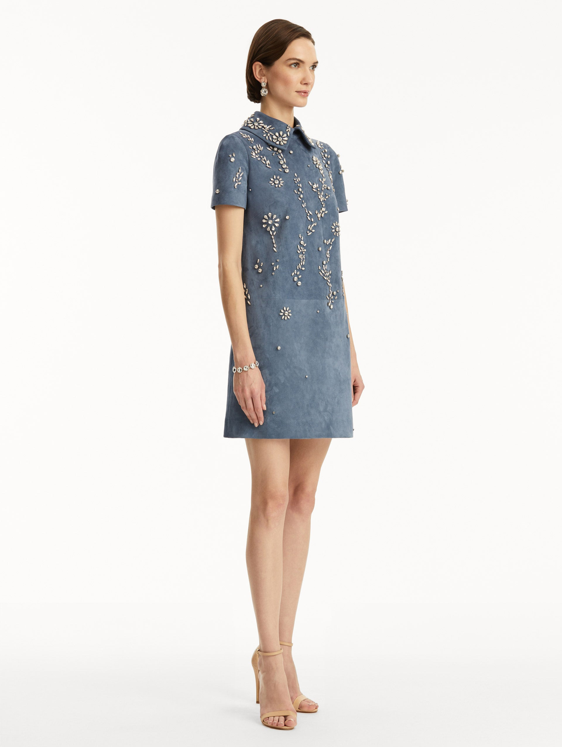CRYSTAL EMBROIDERED SUEDE SHIFT DRESS - 4