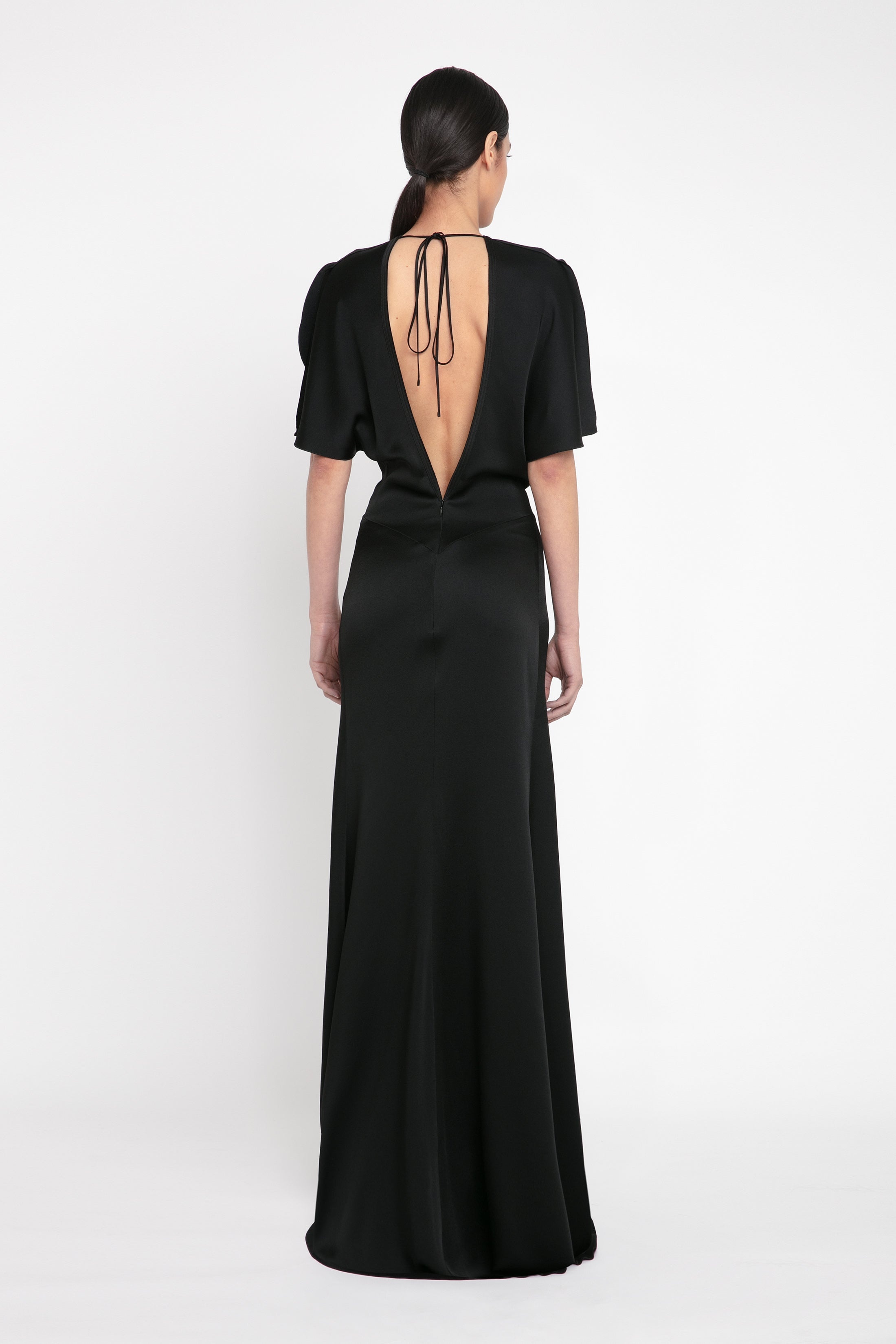 Gathered Waist Floor-Length Dress In Black - 4