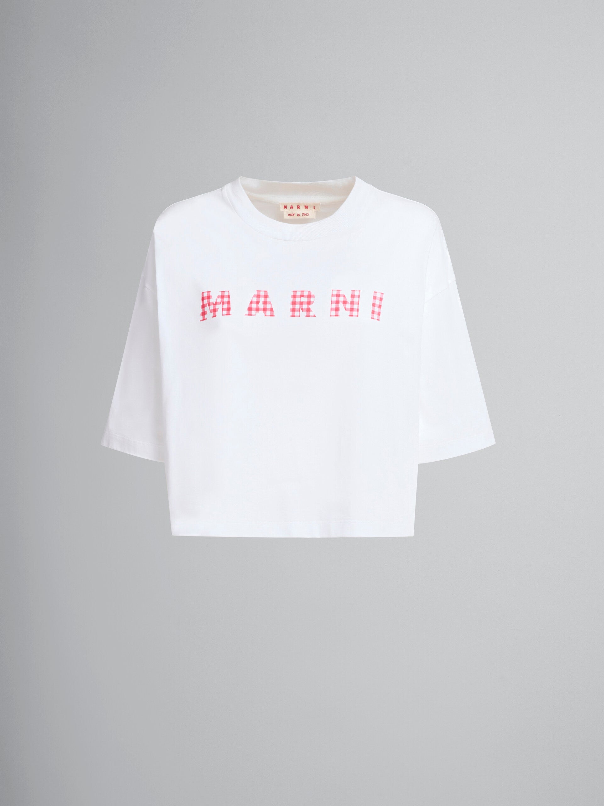 White jersey cotton T-shirt with checked Marni logo - 3