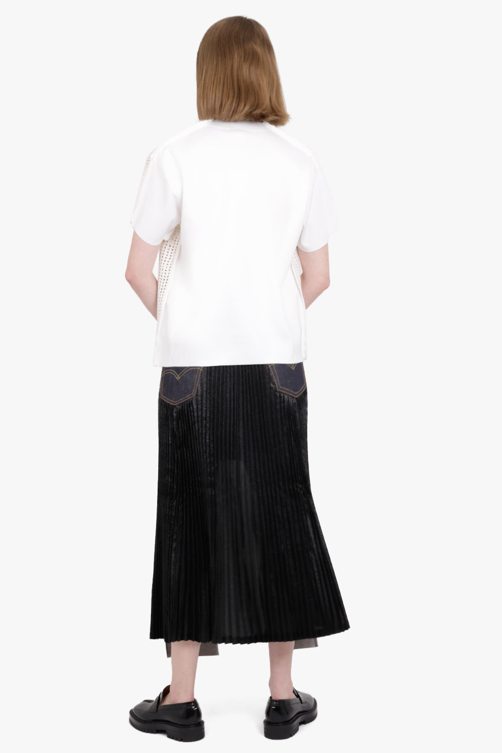 MESH OVERLAY S/S DISTRESSED KNIT T-SHIRT TOP | WHITE - 4