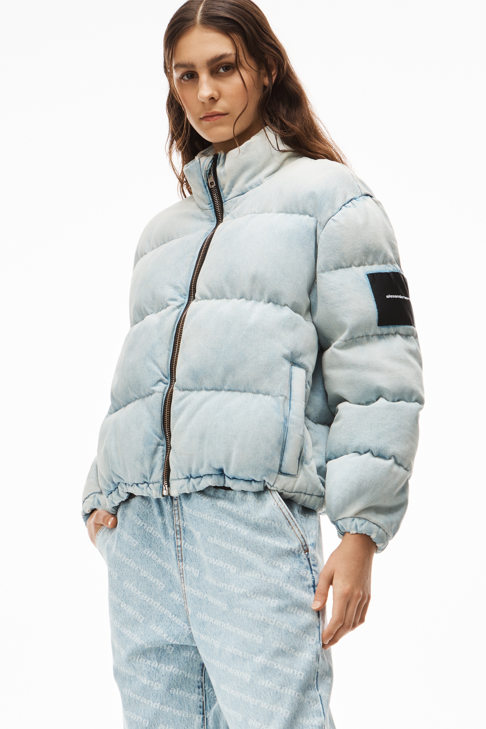 Alexander Wang PUFFER JACKET IN BLEACHED DENIM | REVERSIBLE