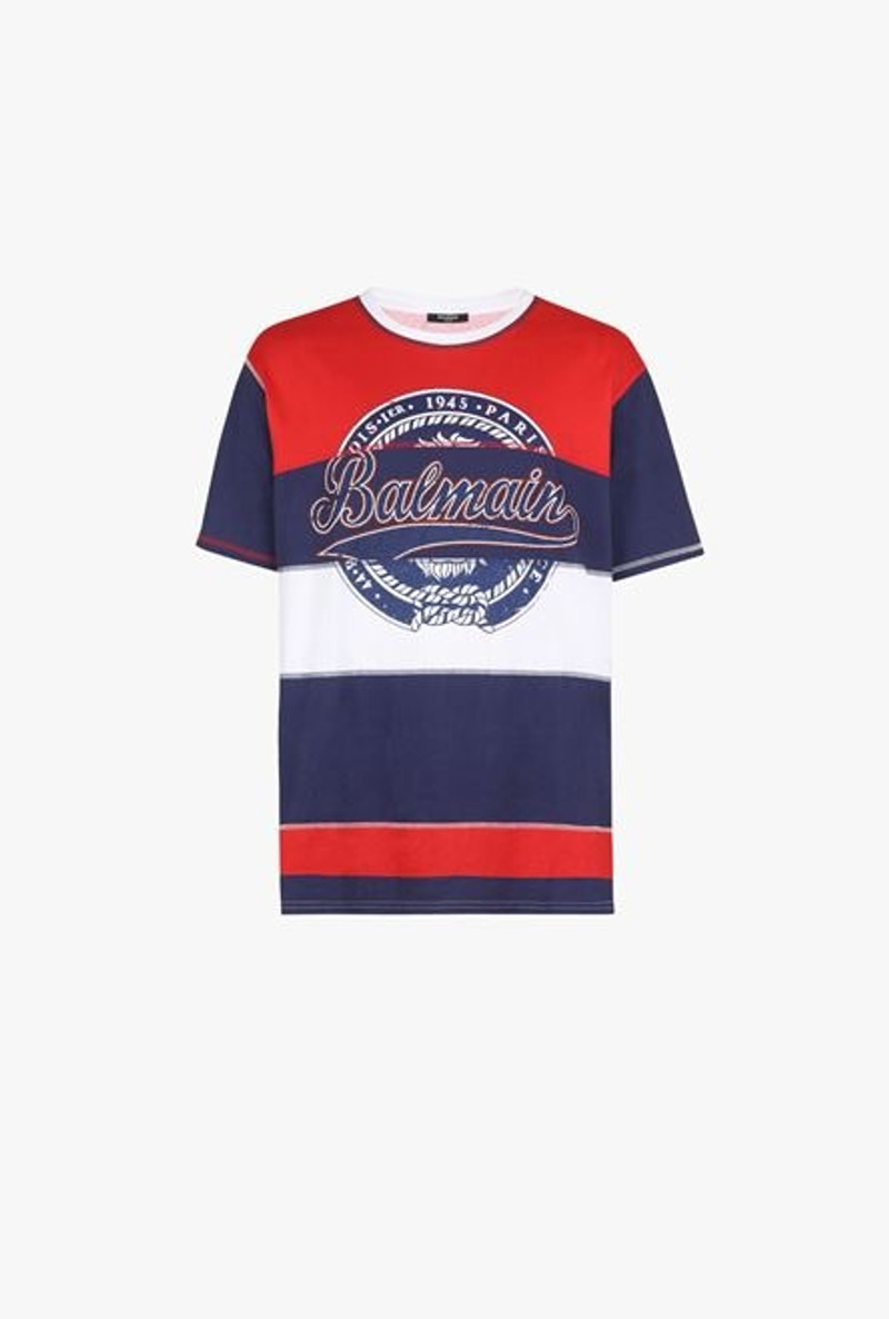 HIGH SUMMER CAPSULE - Blue, red and white cotton T-shirt with Balmain Paris logo print 1
