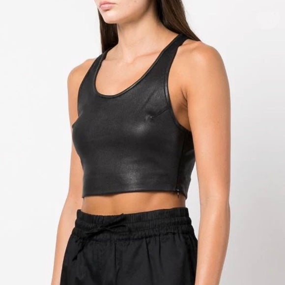 BLACK LEATHER CROPPED RACERBACK TANK - 2