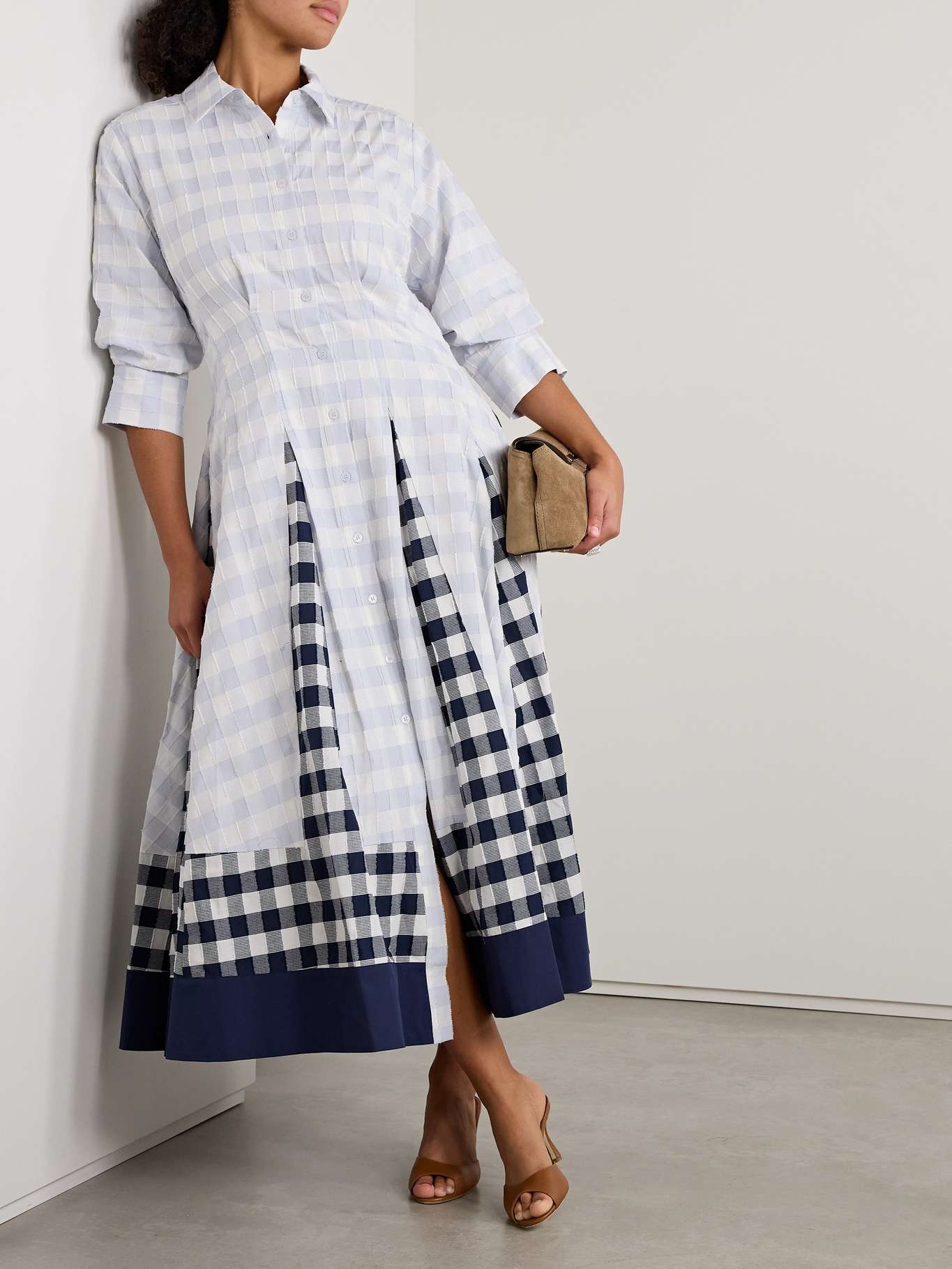 Jazz frayed paneled checked cotton-voile midi shirt dress Blue - 2