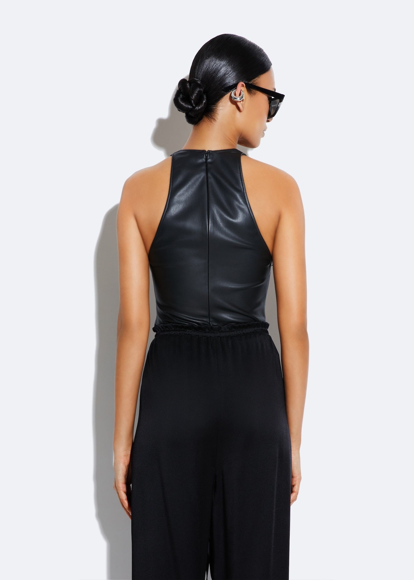 Stretch Faux Leather Plunge Neck Bodysuit - 3
