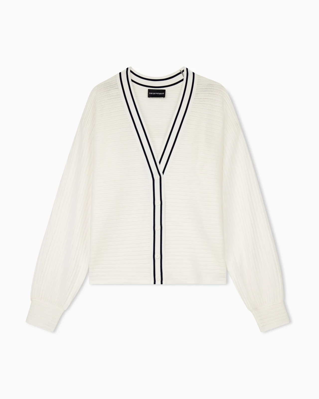 CARDIGAN IN VISCOSE WITH RIBBED TEXTURE AND STRIPED V-NECK - 1