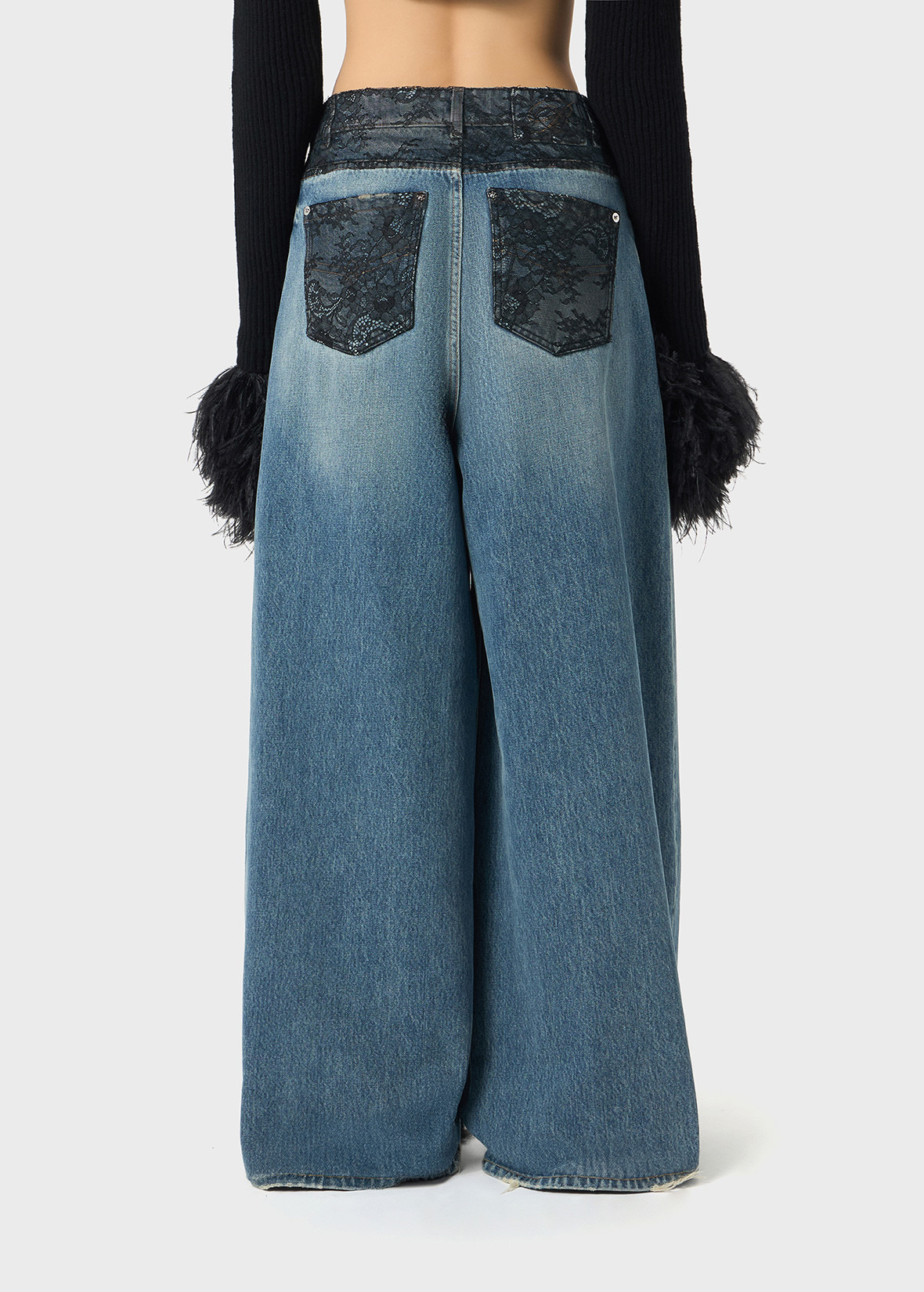 SUPERWIDE-LEG JEANS WITH LACE DETAILS - 4
