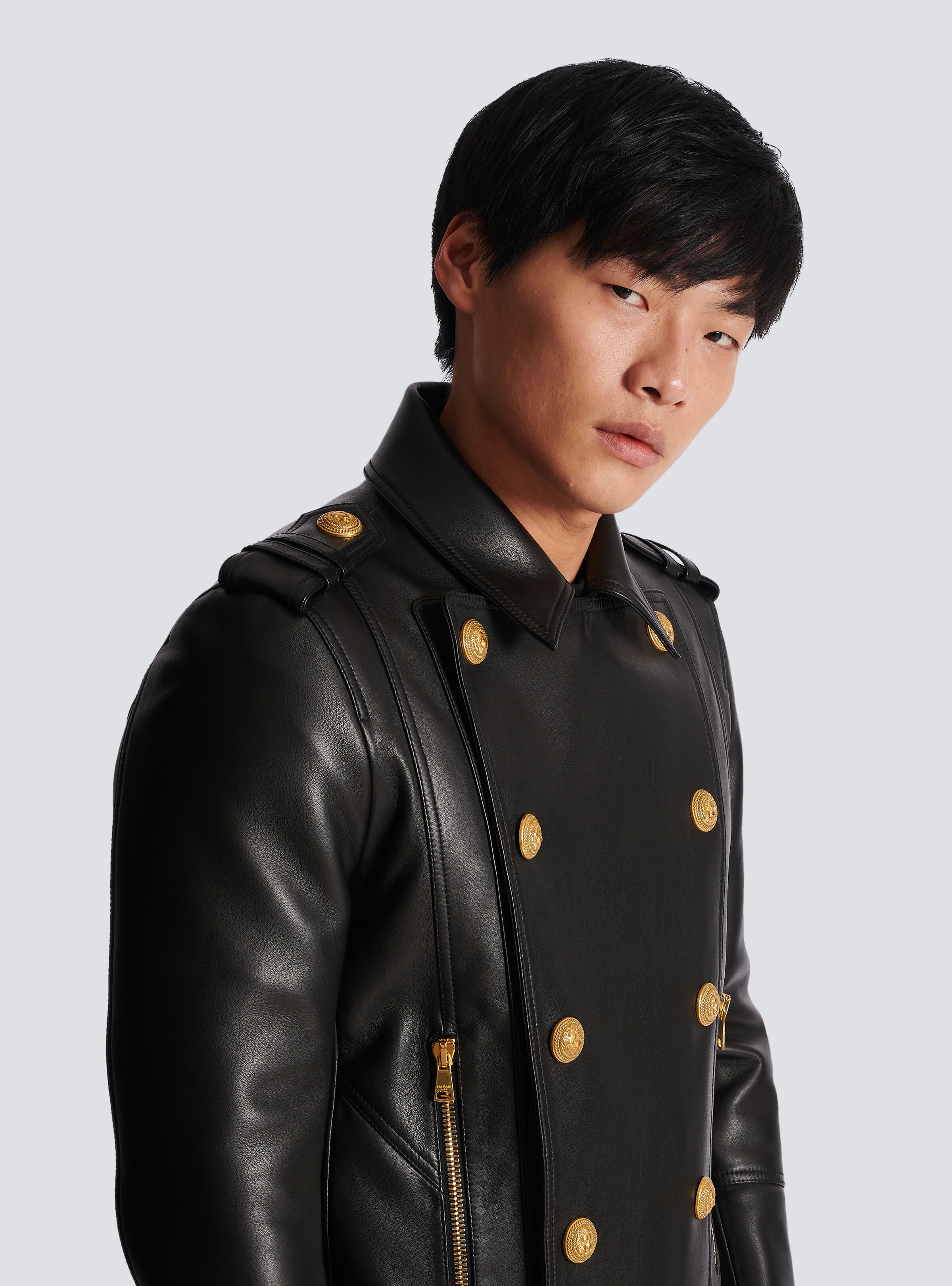Double-breasted buttoned leather biker jacket - 8