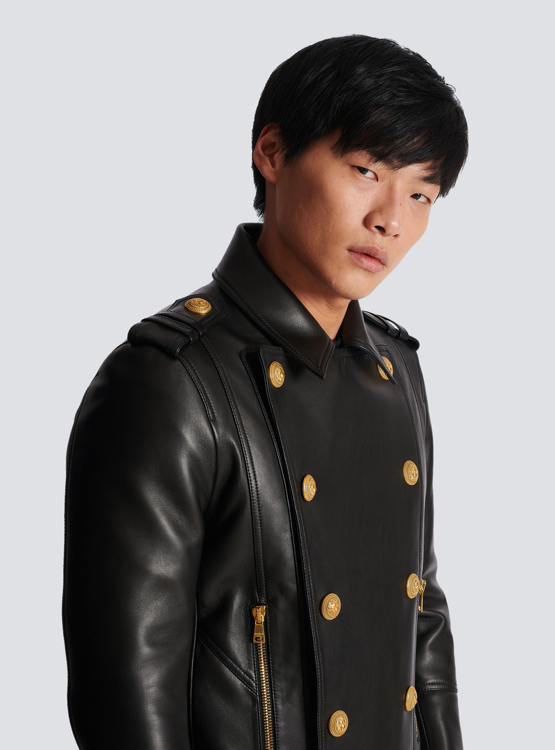 Double-breasted buttoned leather biker jacket 8