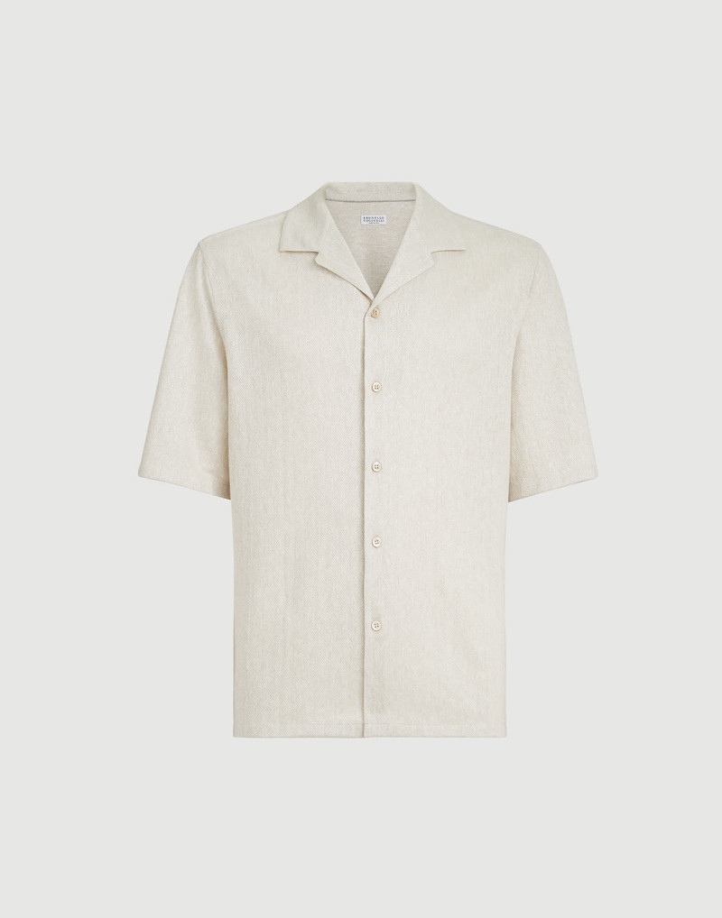 Linen and cotton chevron jersey short sleeve shirt with camp collar 1