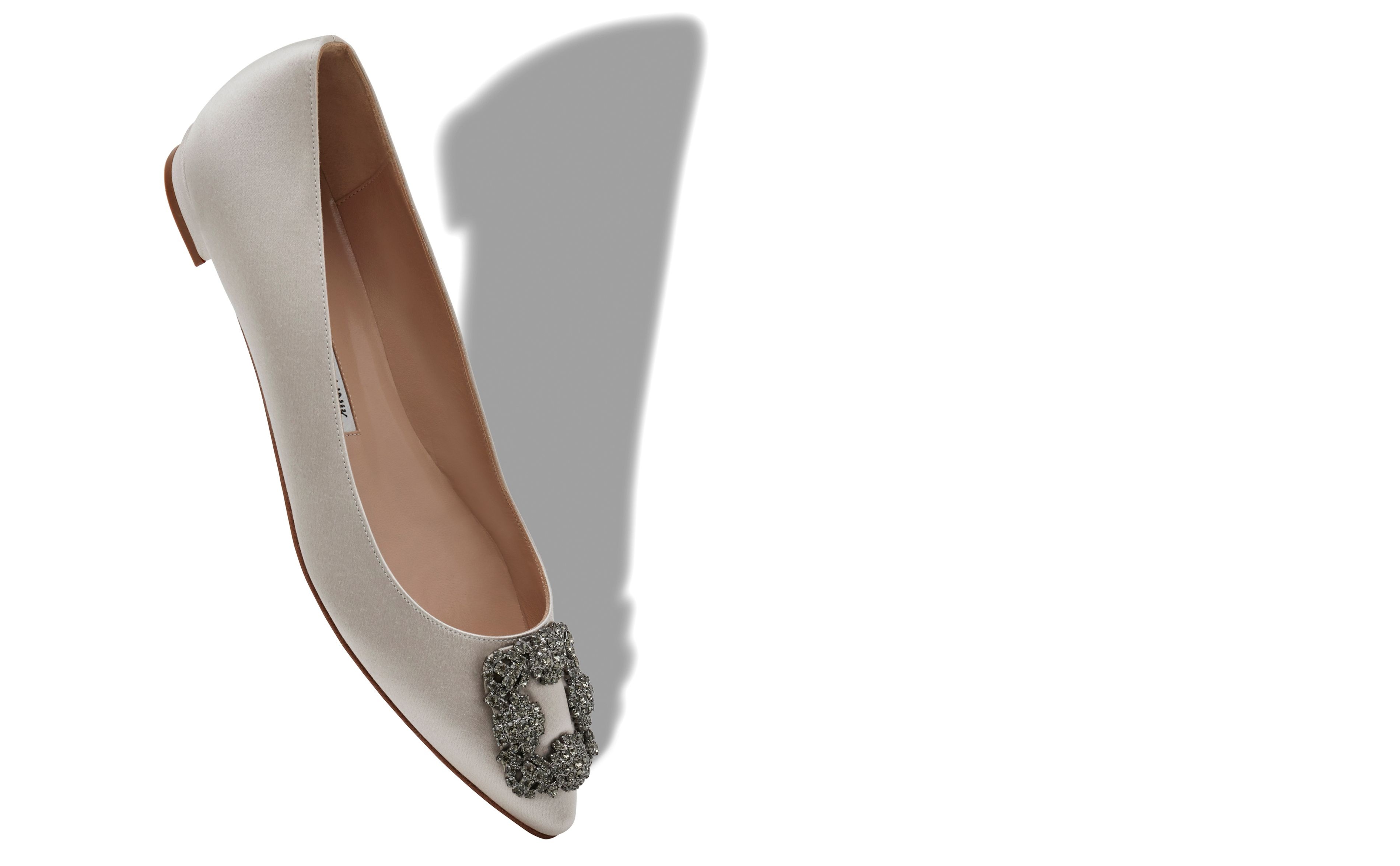 Light Grey Satin Jewel Buckle Flat Shoes - 2