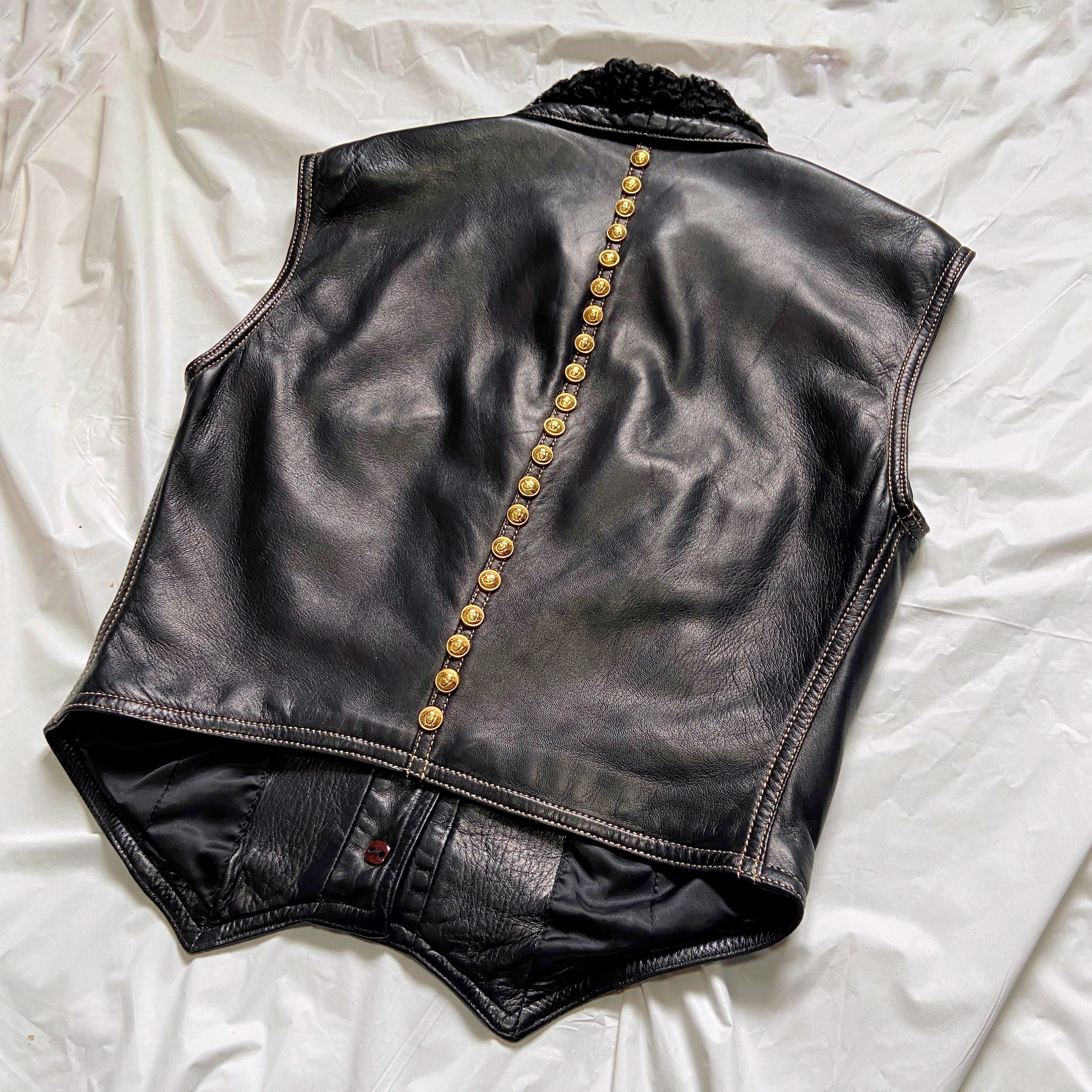 Gianni Versace Fall 1992 Midnight Cowgirl Lambskin Leather Vest with Mongolian Hair Collar and Gold  - 14
