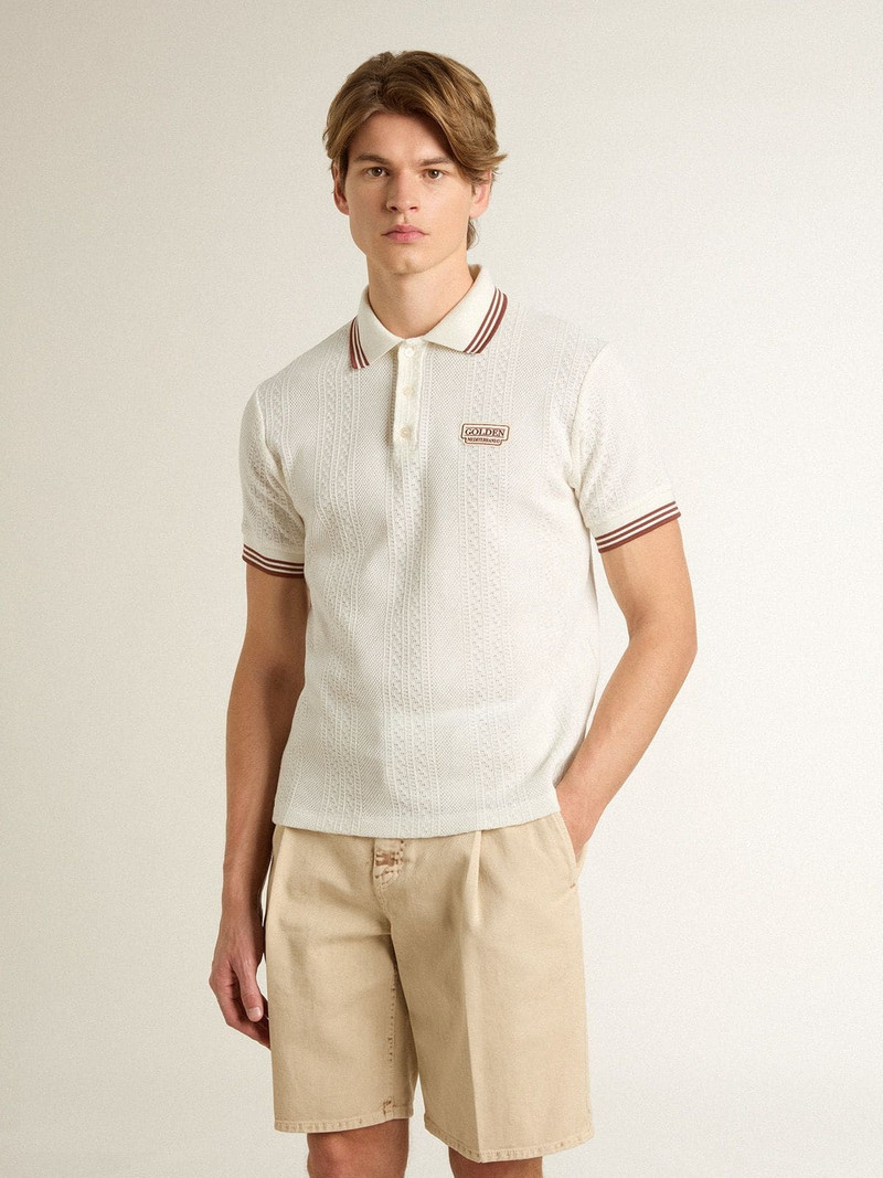 Golden Goose Men's polo shirt in white perforated knit with burgundy striped details outlook
