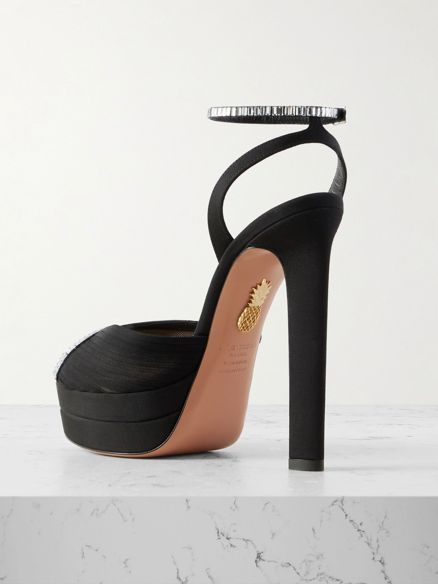 Be Mine Plateau 130 crystal-embellished grosgrain-trimmed pleated chiffon platform sandals Black - 3
