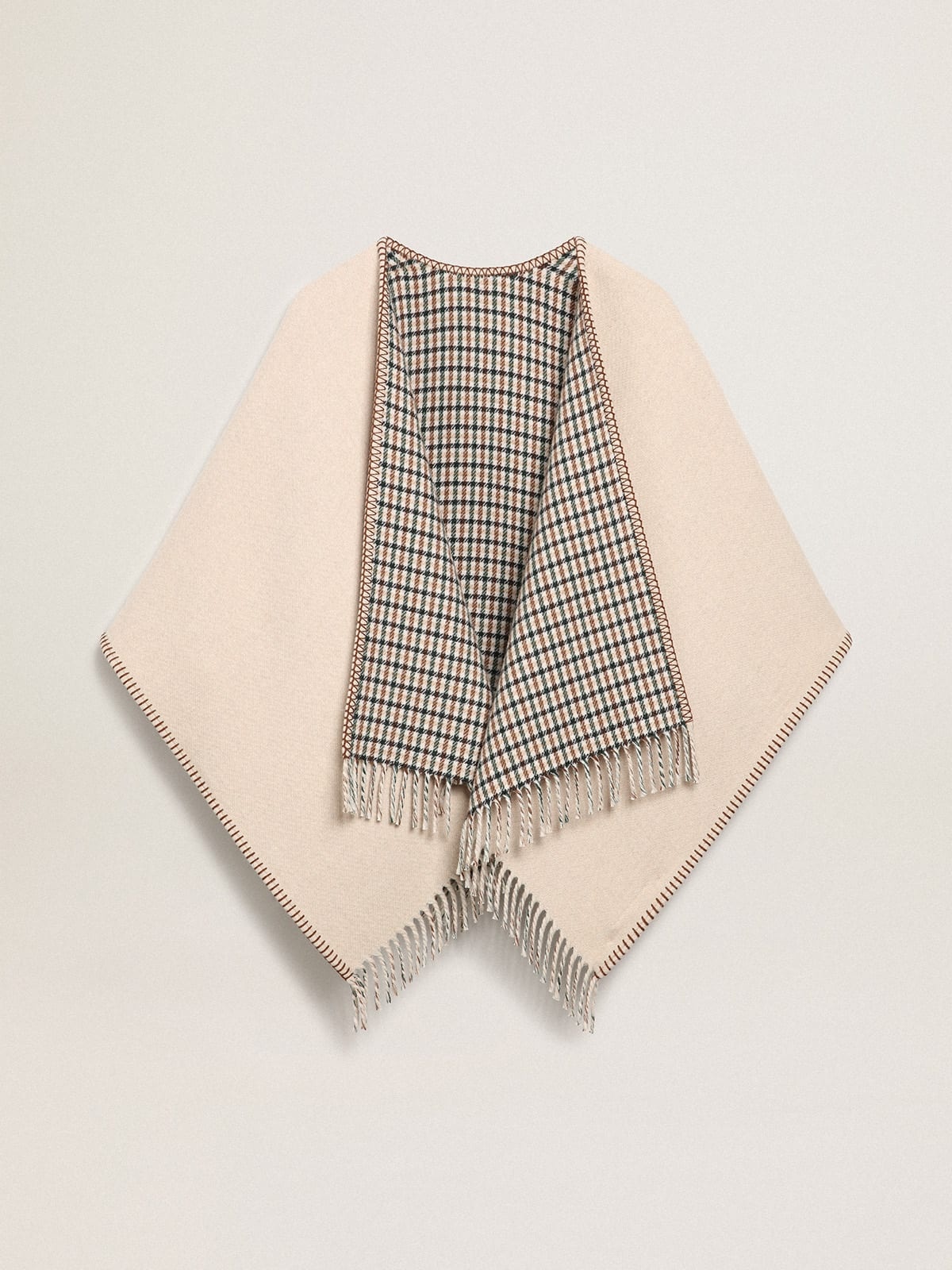 Poncho in double face cream-colored wool with check pattern and lettering - 8