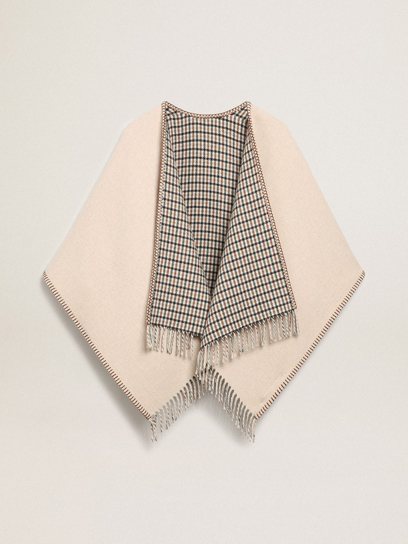 Poncho in double face cream-colored wool with check pattern and lettering 8