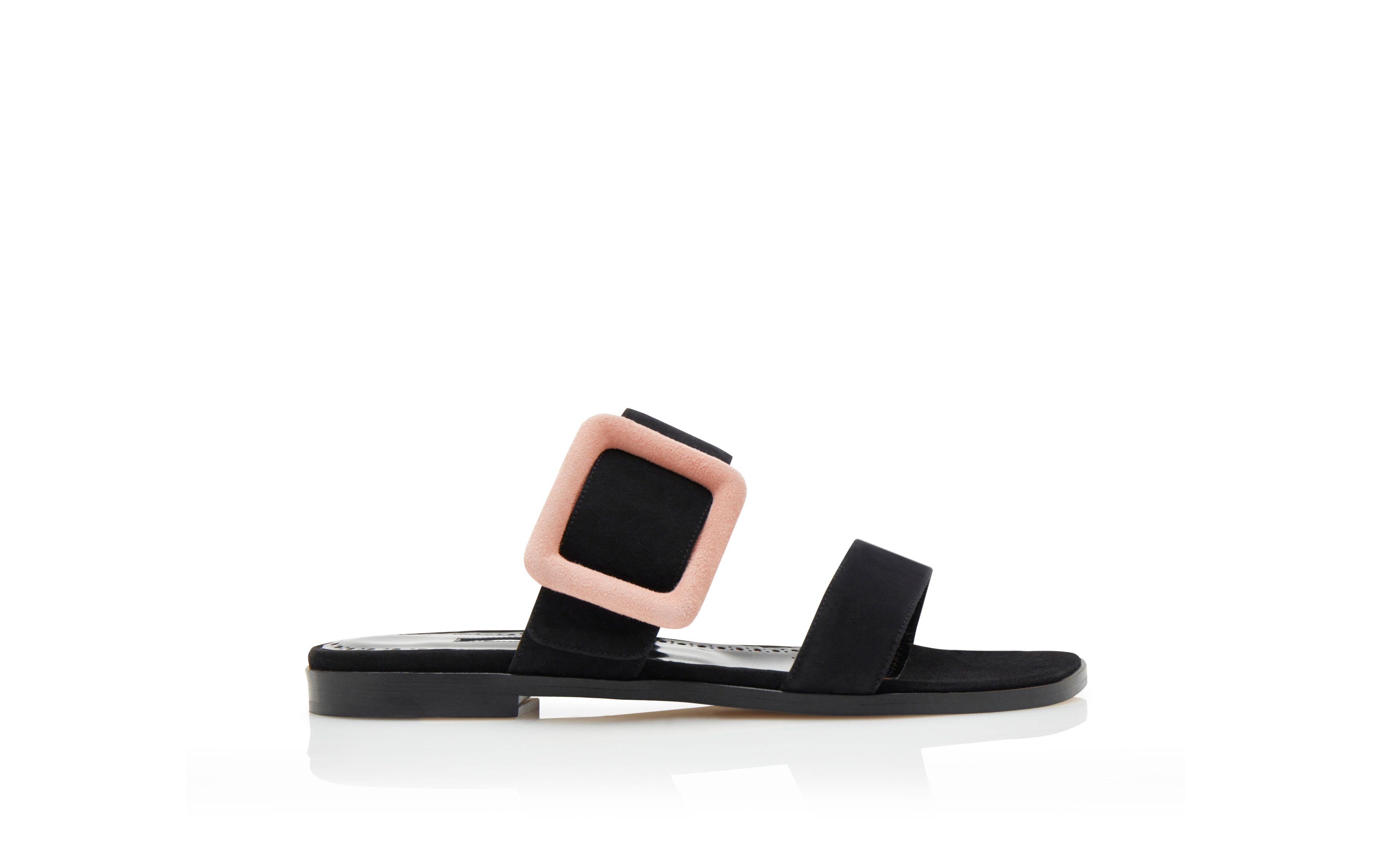 Black and Light Beige Suede Buckle Flat Mules - 1