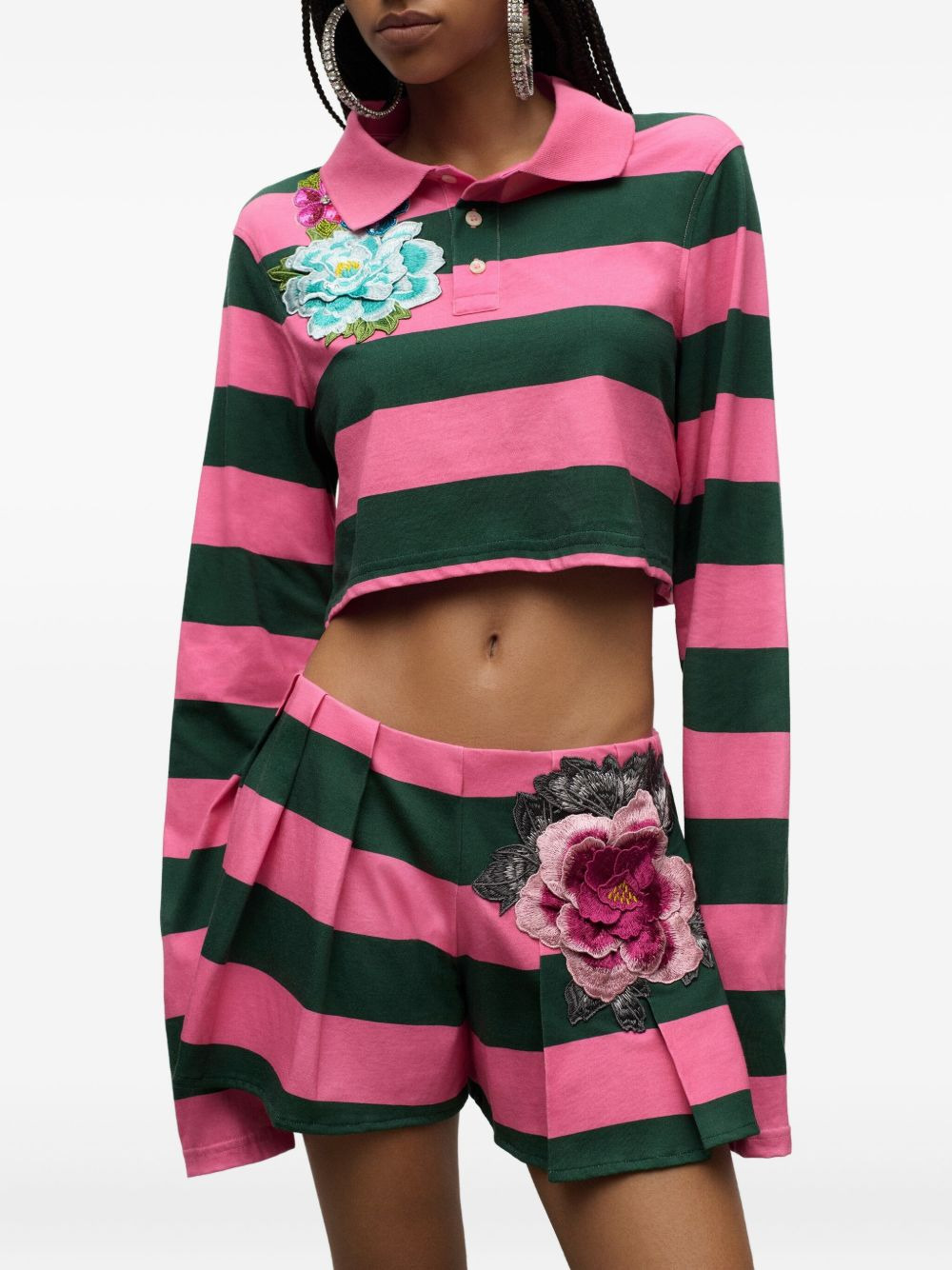 embroidered stripe cropped polo top - 4