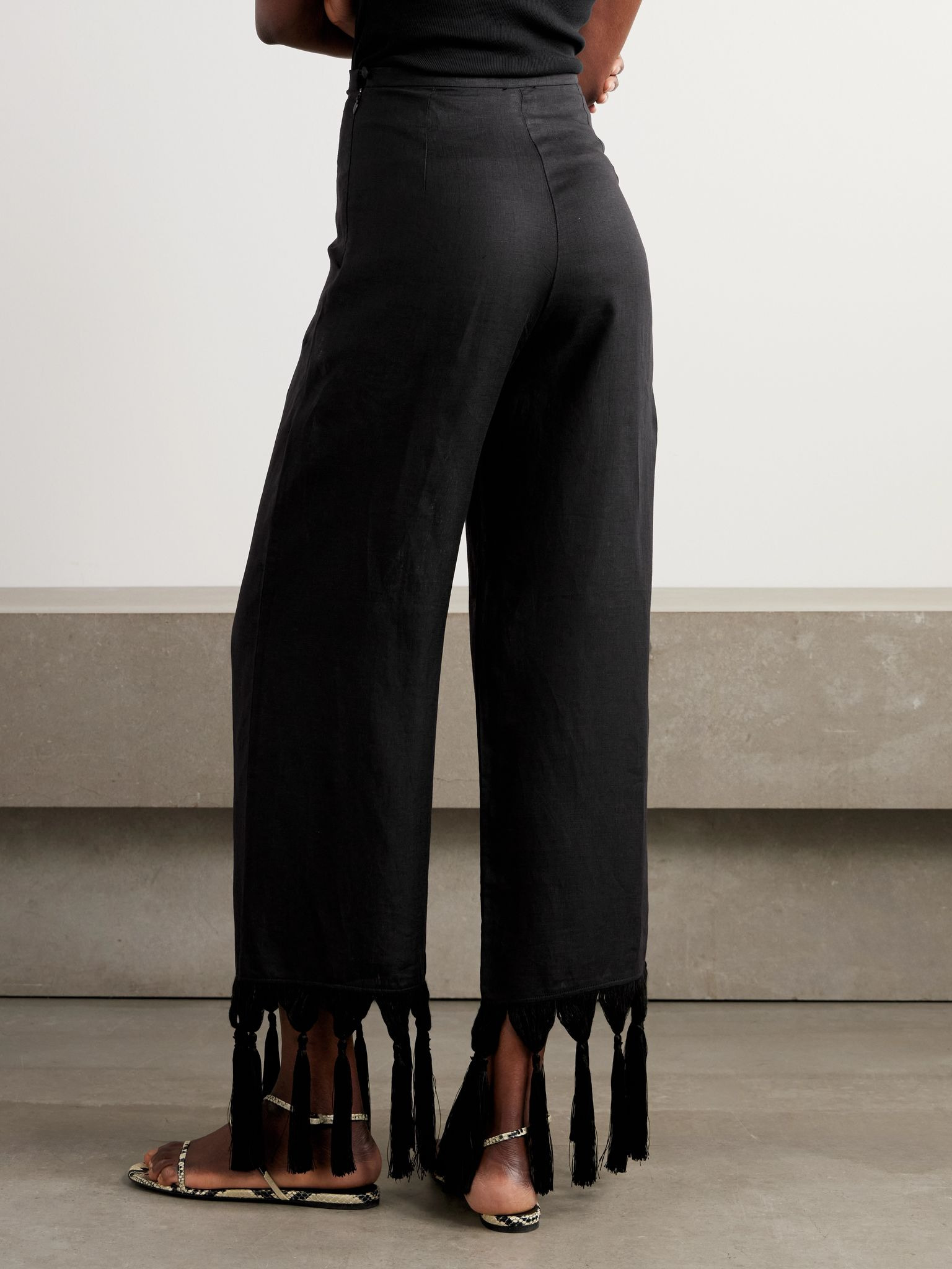Marlino tasseled linen wide-leg pants Black - 4