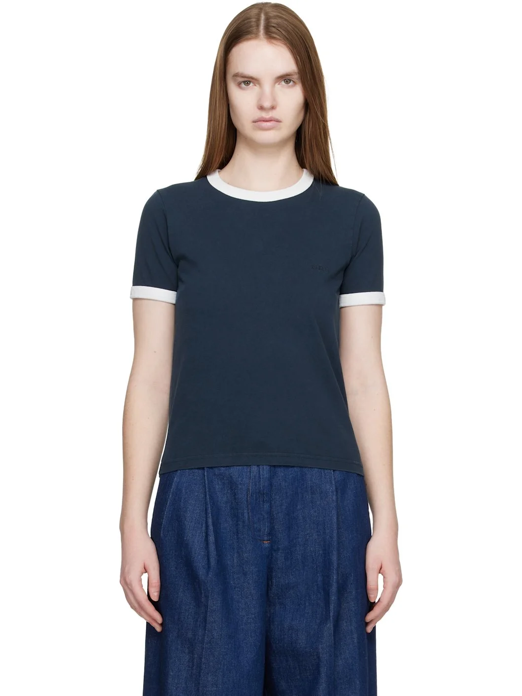Navy Crop Manche Courte Contrast T-shirt - 1