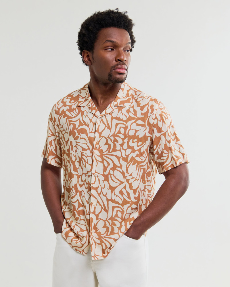 Wax London Didcot - Tan And Beige Floral Viscose Short-Sleeve Shirt outlook