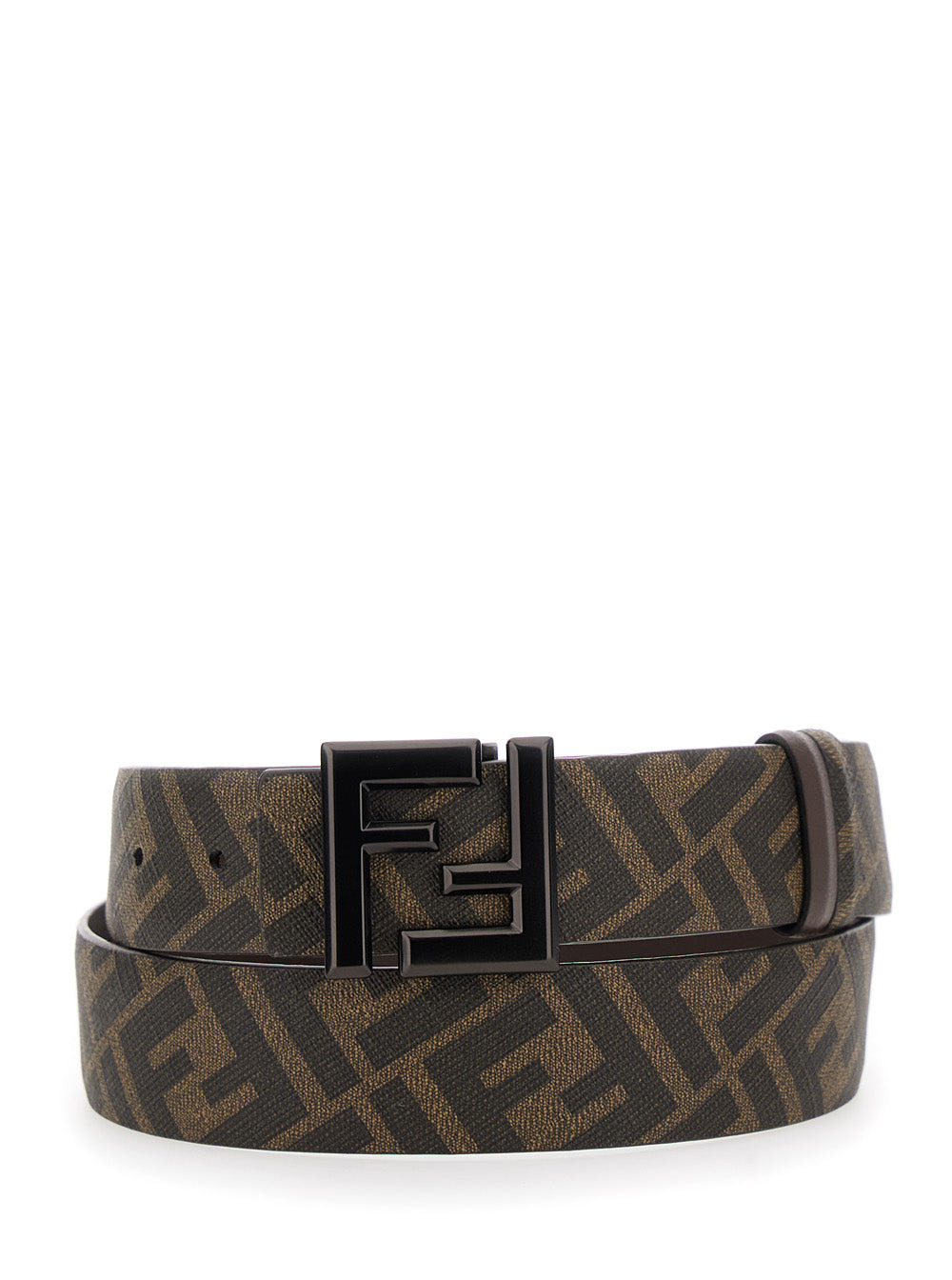Fendi Men Brown Belt With Metallic Ff Logo Plaque On The Front And Ff Motif In Leather Man - 1