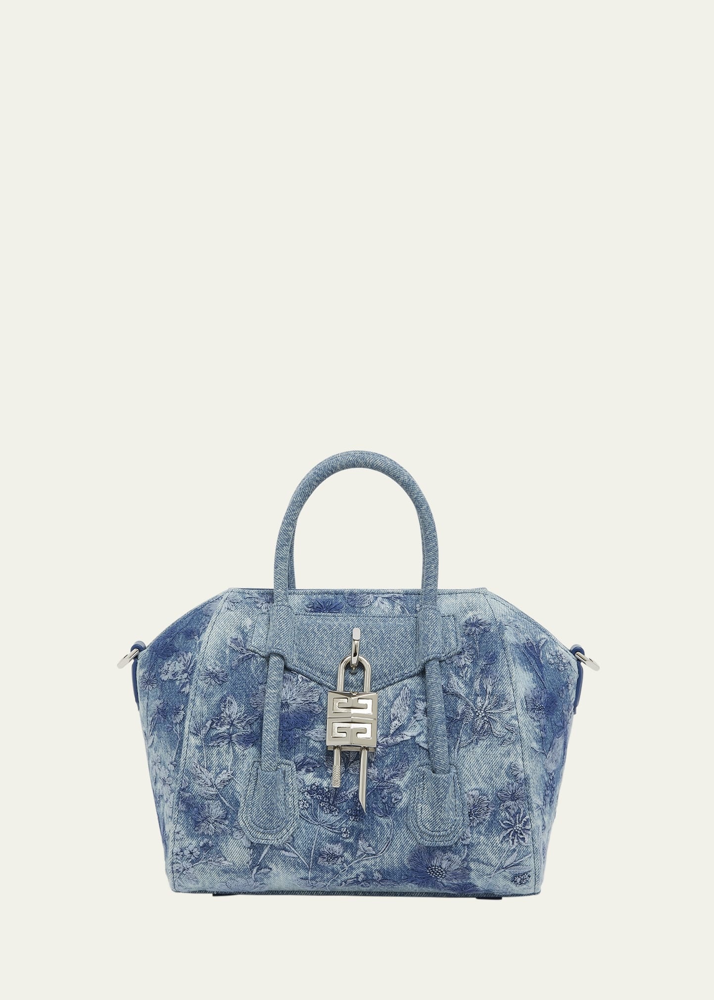 Antigona Lock Mini Top-Handle Bag in Floral Distressed Denim - 1