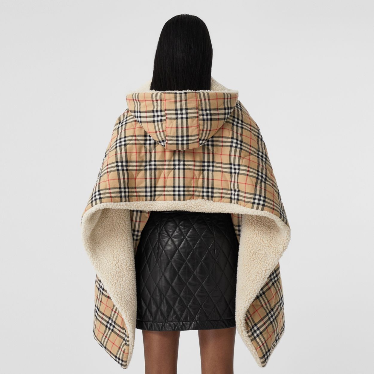 Fleece-lined Vintage Check Cotton Hooded Cape - 4