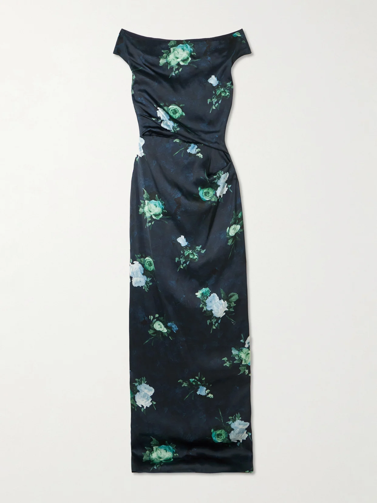 Off-the-shoulder Gathered Floral-print Satin Gown - 1