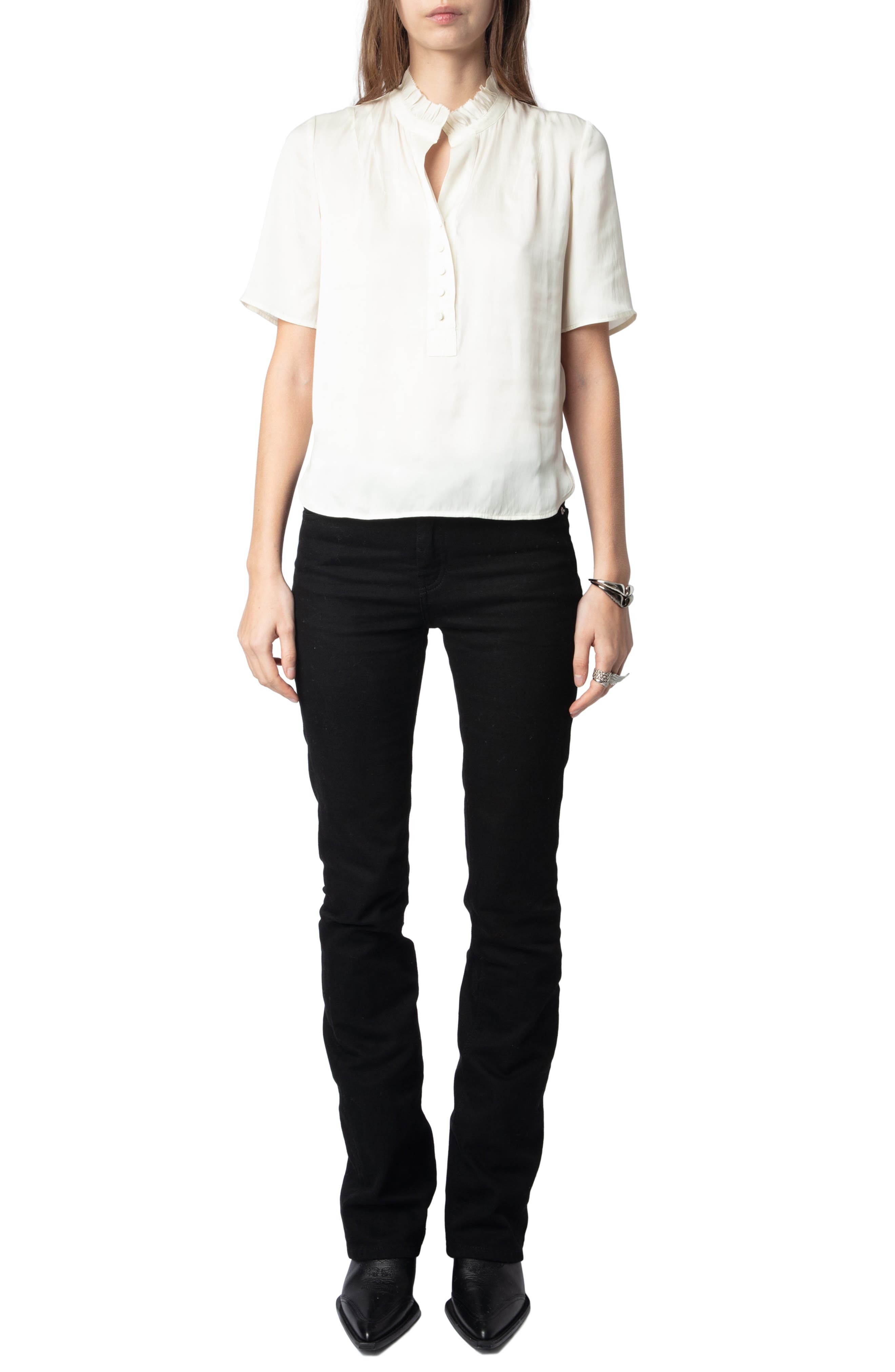 Zadig & Voltaire Topher Ruffle Neck Satin Popover Top in Flake at Nordstrom - 6