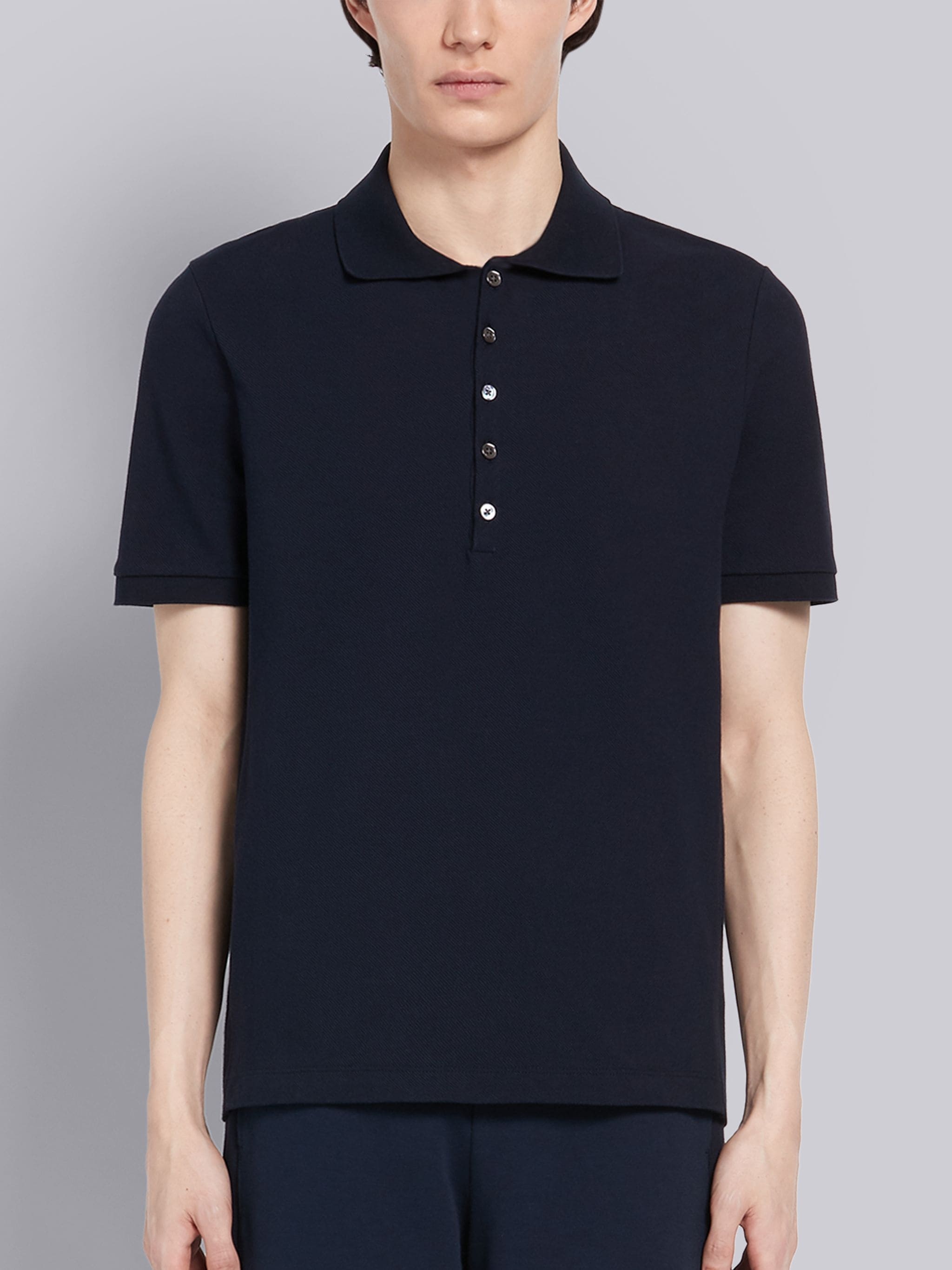 Navy Classic Cotton Pique Side Insert 4-Bar Polo - 1