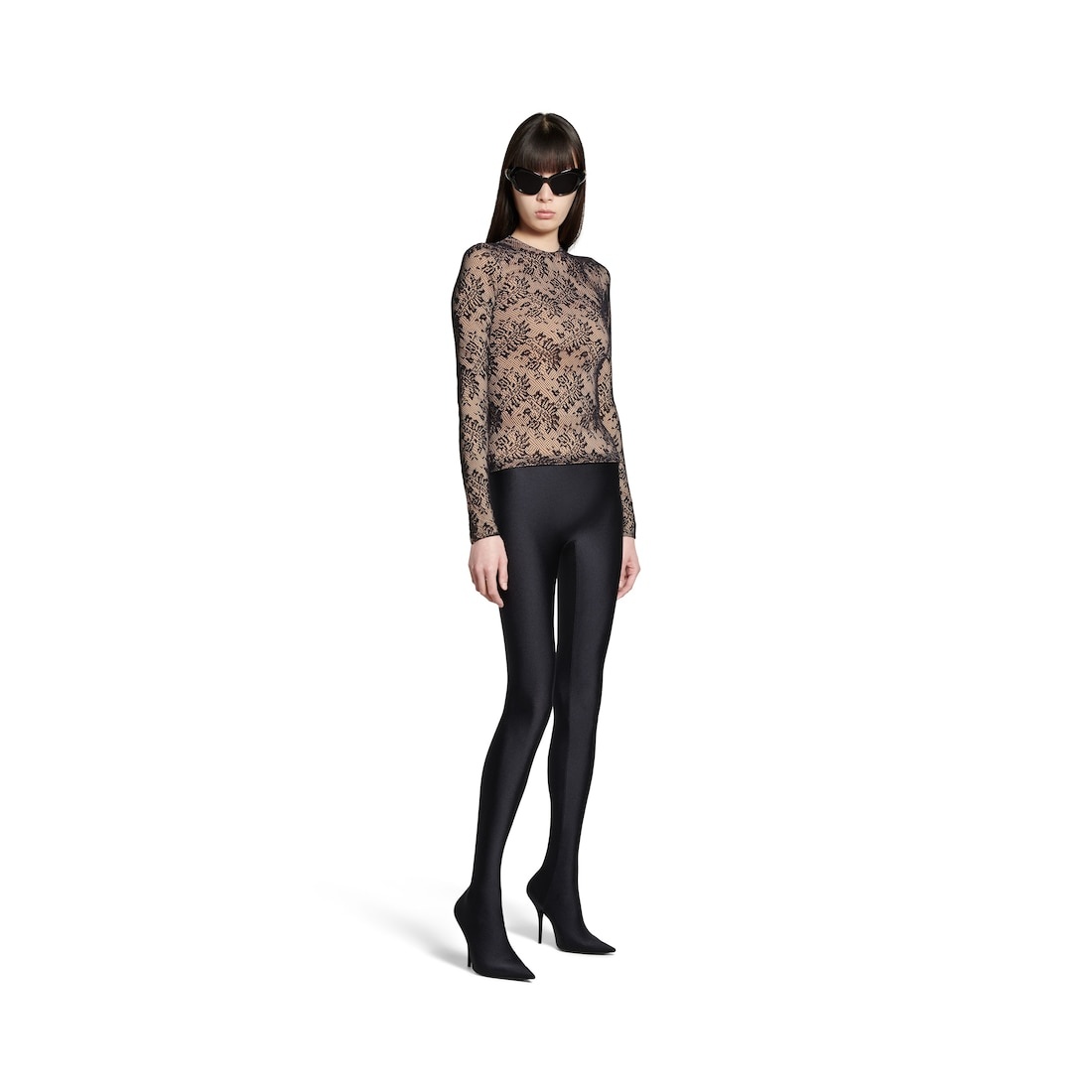 Women's Lace Crewneck Top in Beige/black - 2