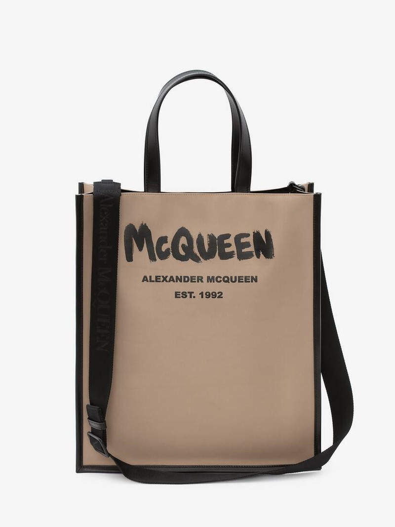 Mcqueen Graffiti Edge North South Tote Bag in Black/beige 1