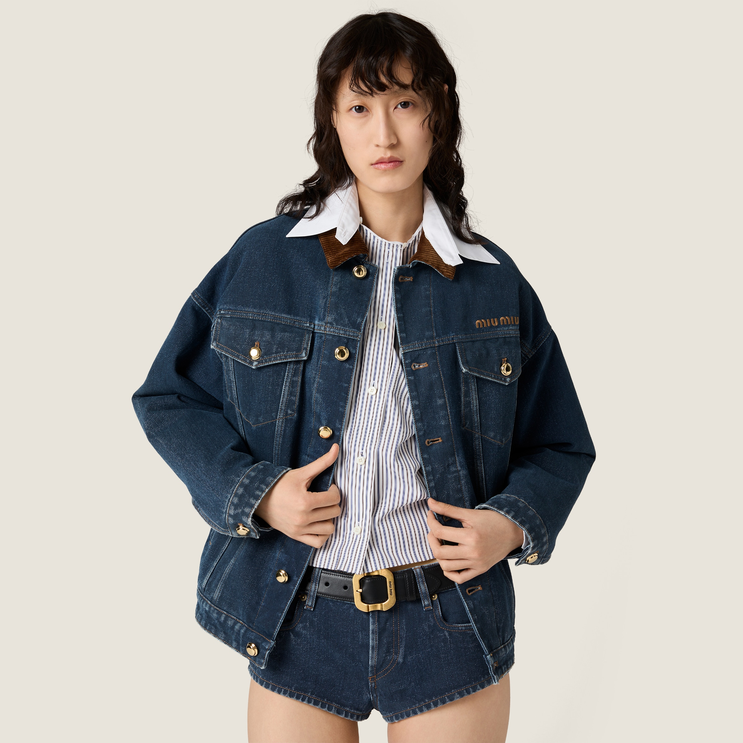 Flocked denim and velvet blouson jacket - 4