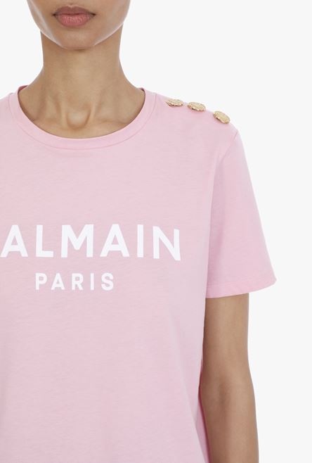Pink cotton T-shirt with flocked white Balmain logo - 6
