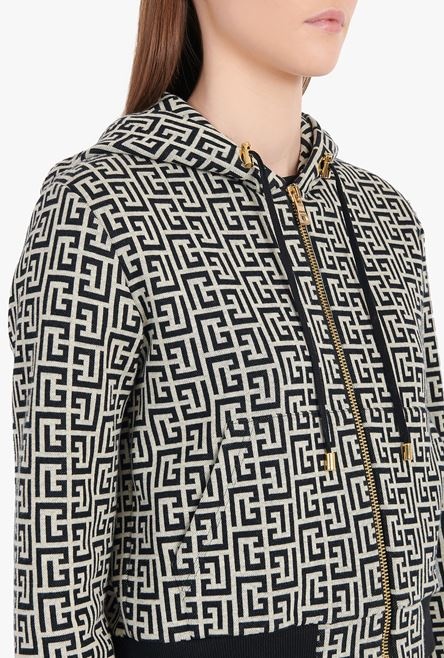 Cropped hooded cotton sweatshirt with ivory and black Balmain monogram - 9