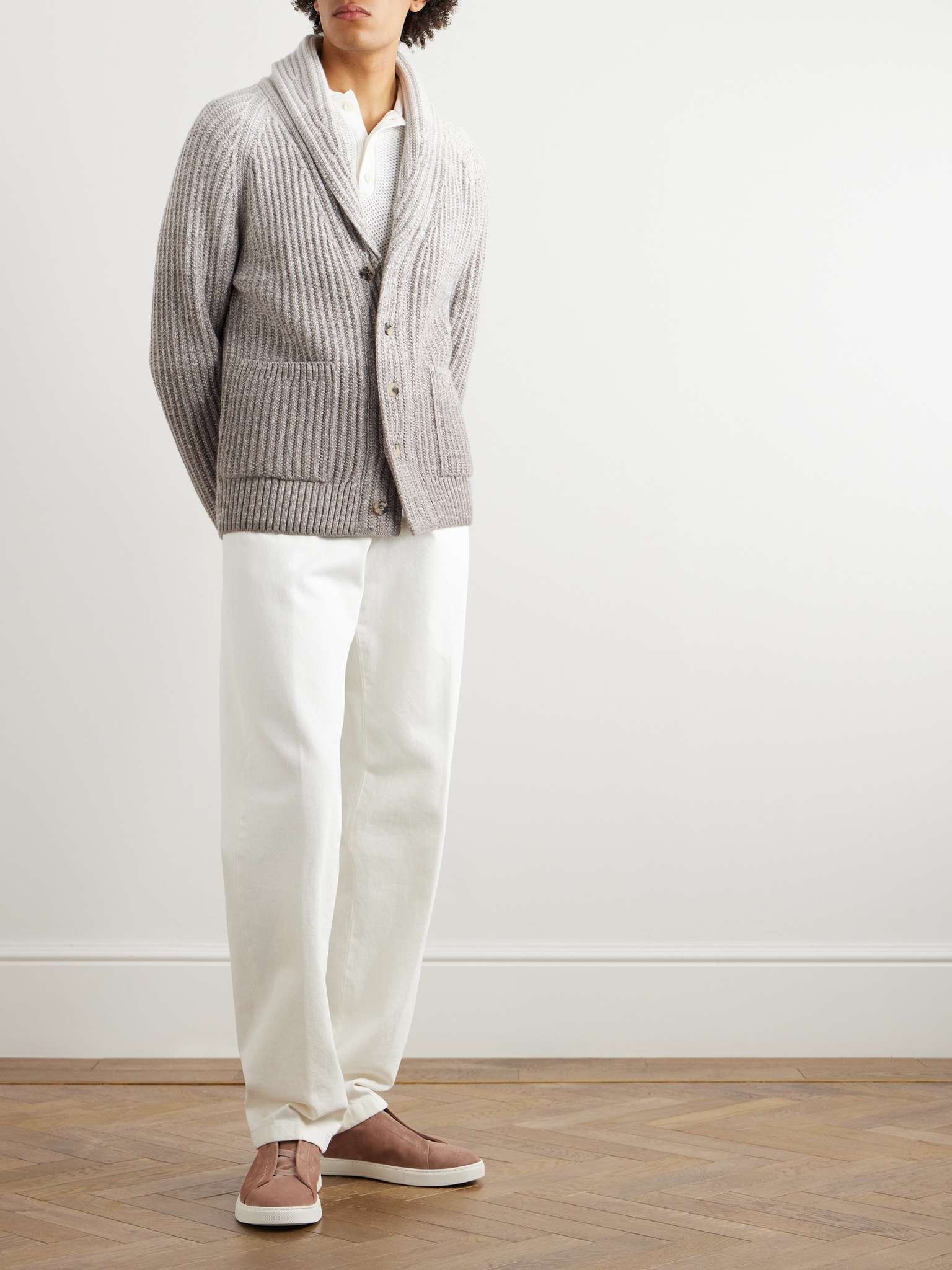 Brioni Shawl-Collar Dégradé Ribbed Wool Cardigan | REVERSIBLE