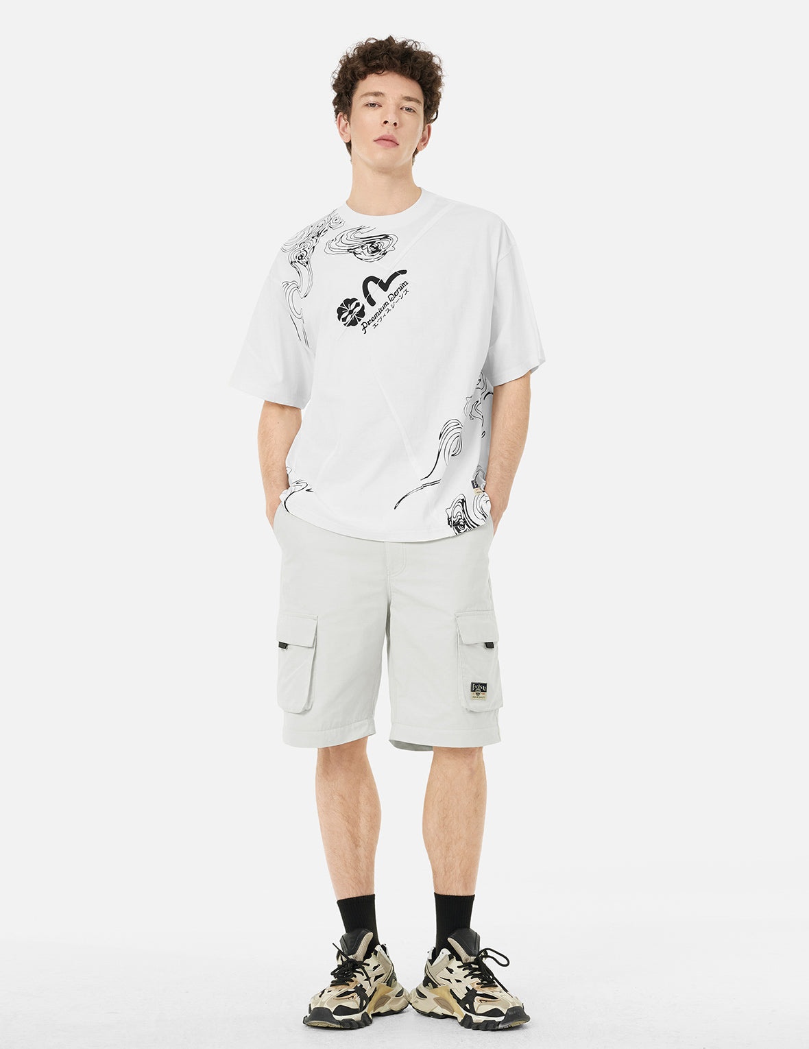 Kamon and Logo Prints Detachable Leg Panel Fashion Fit  Woven Cargo Jogger - 5