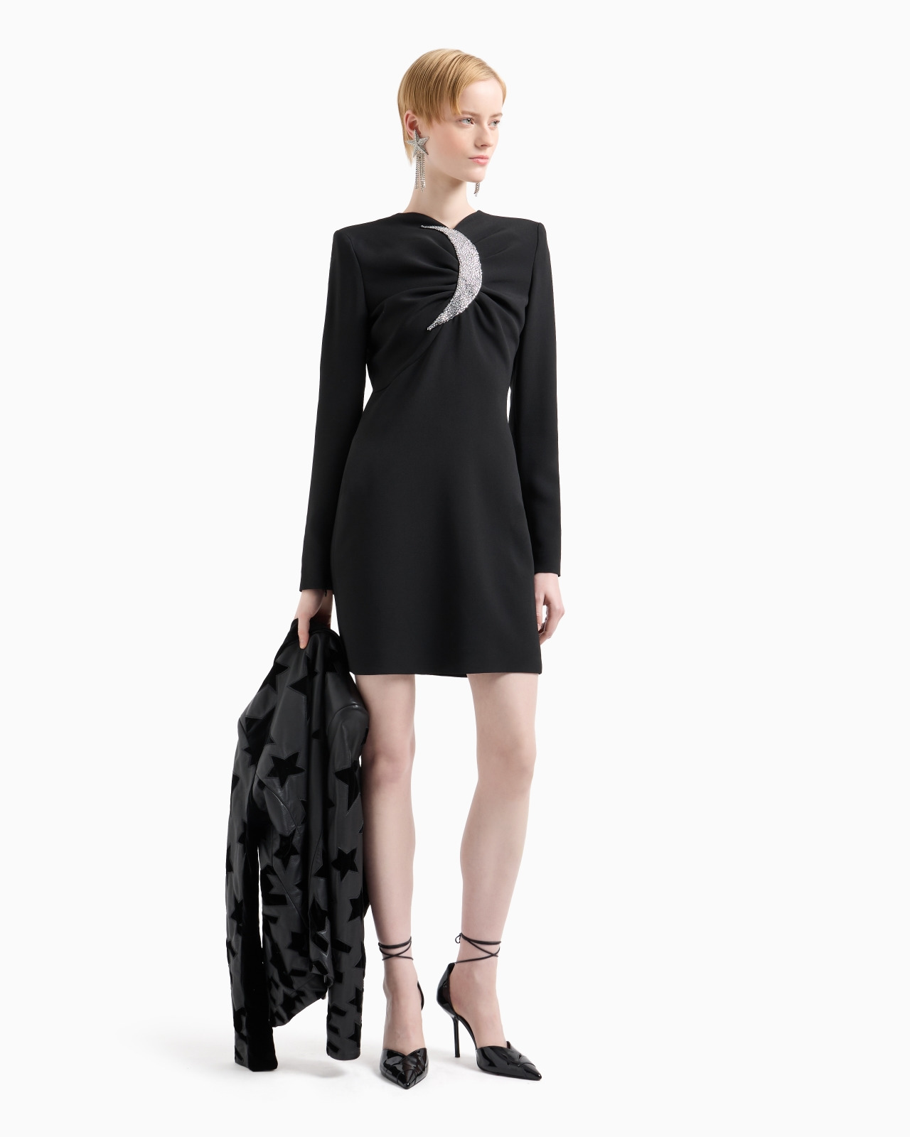 Sheath dress with draping and oversized moon with rhinestones - 4