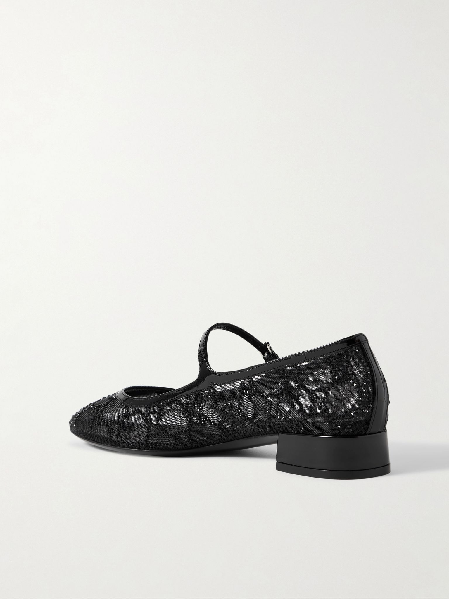 Charline patent leather-trimmed crystal-embellished mesh Mary Jane pumps Black - 3