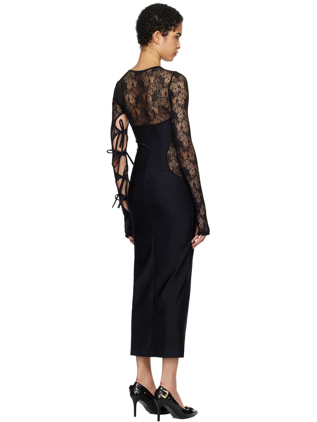 Black Mesh Lace Midi Dress - 3