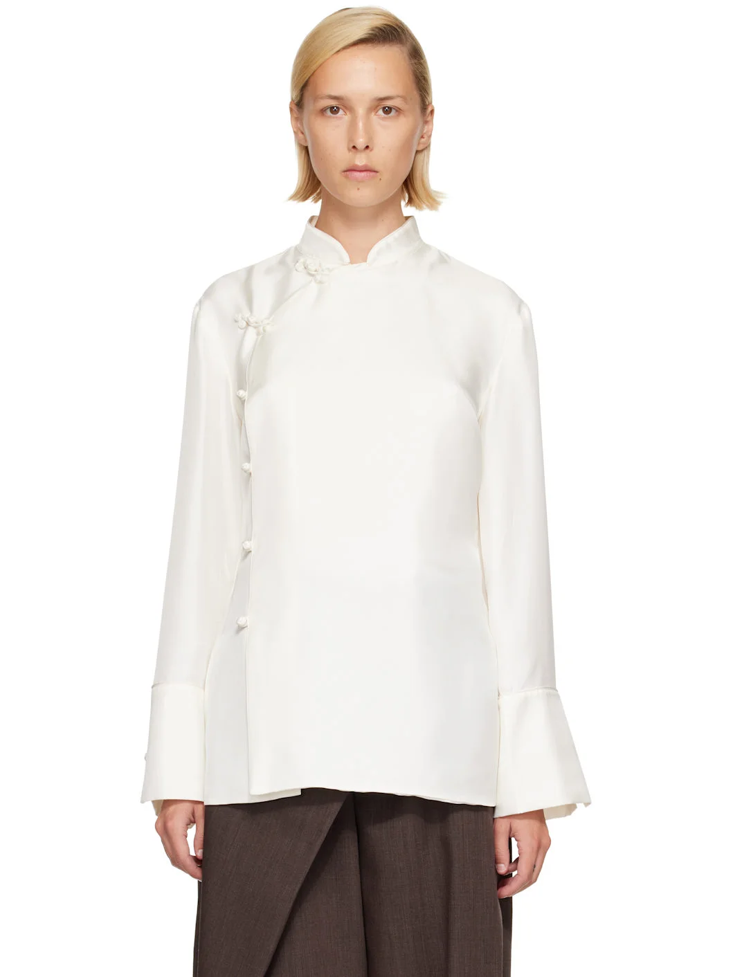 White Pankou Closure Silk Shirt - 1