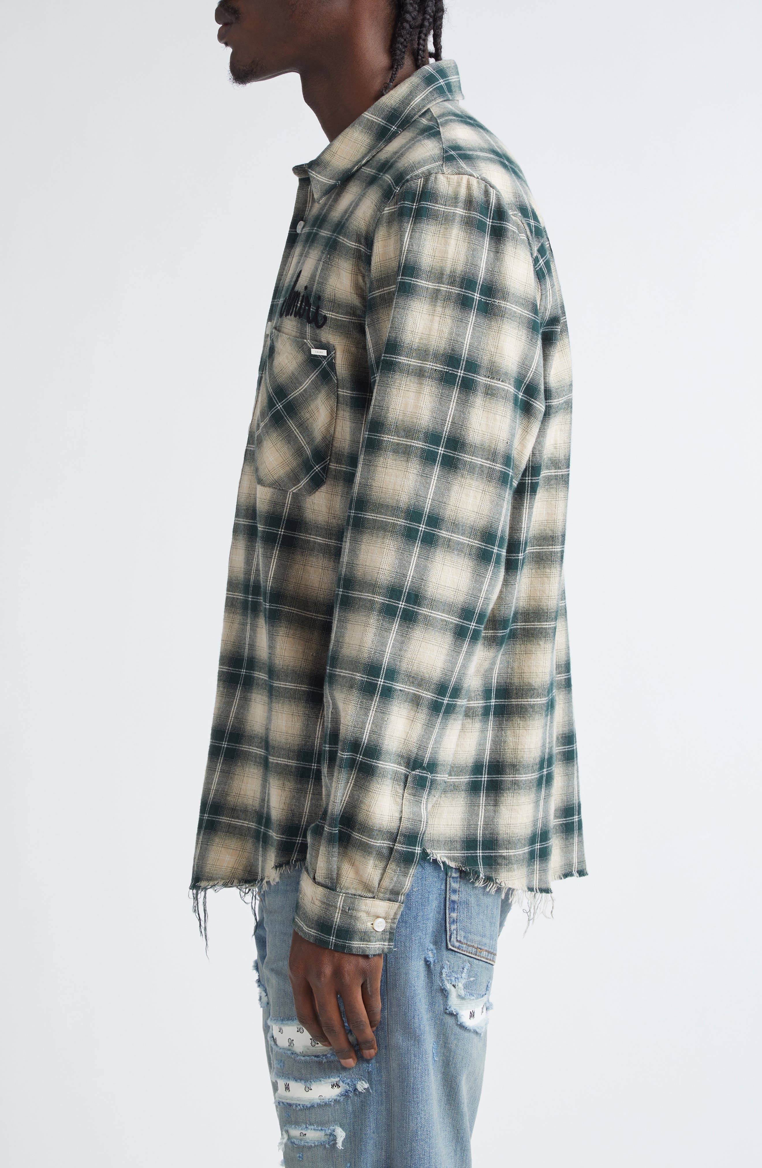 AMIRI Shotgun Distressed Plaid Flannel Button-Up Shirt in Evergreen at Nordstrom - 3