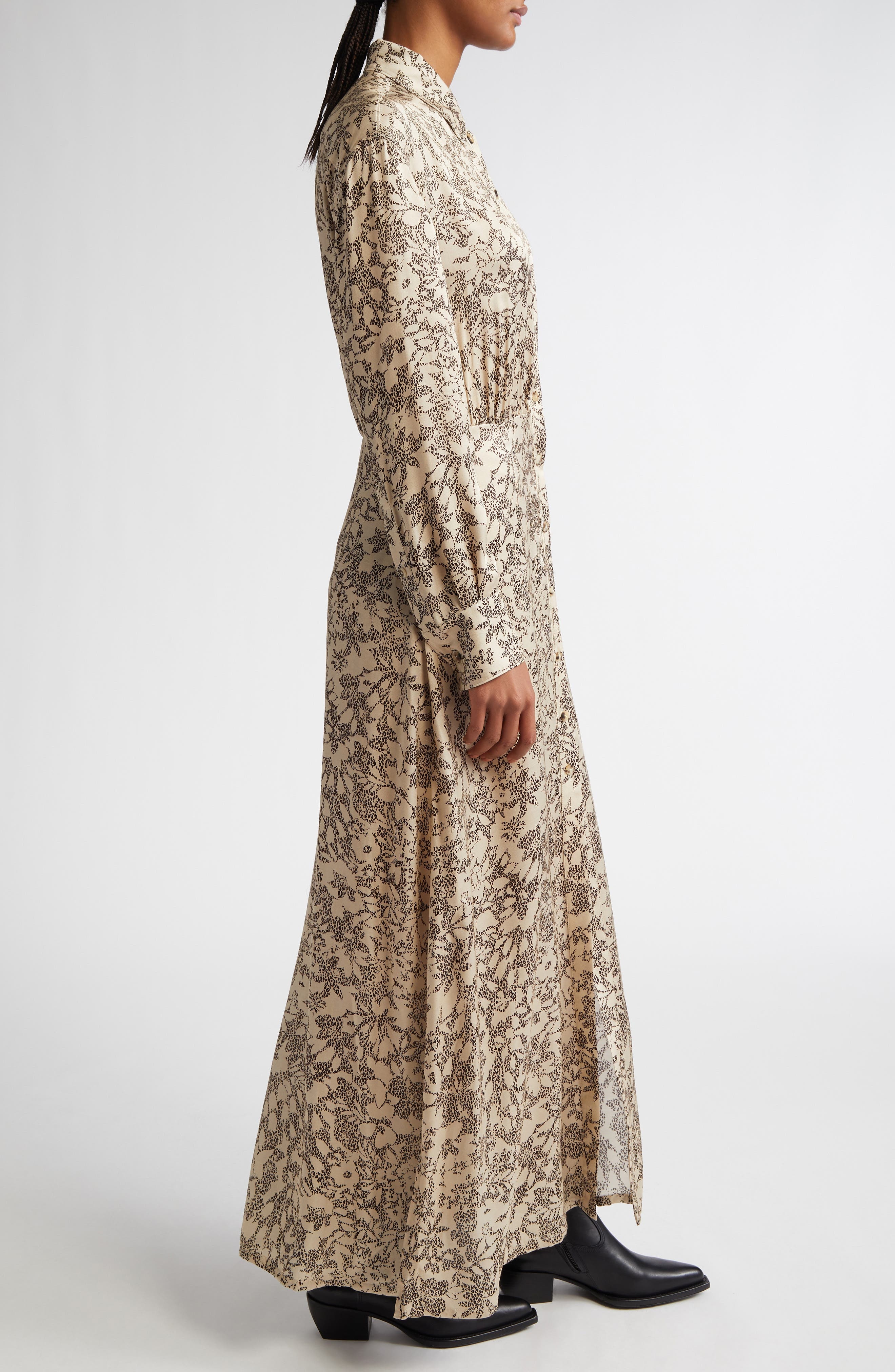 Golden Goose Print Long Sleeve Satin Maxi Shirtdress in Safari/Black at Nordstrom - 3