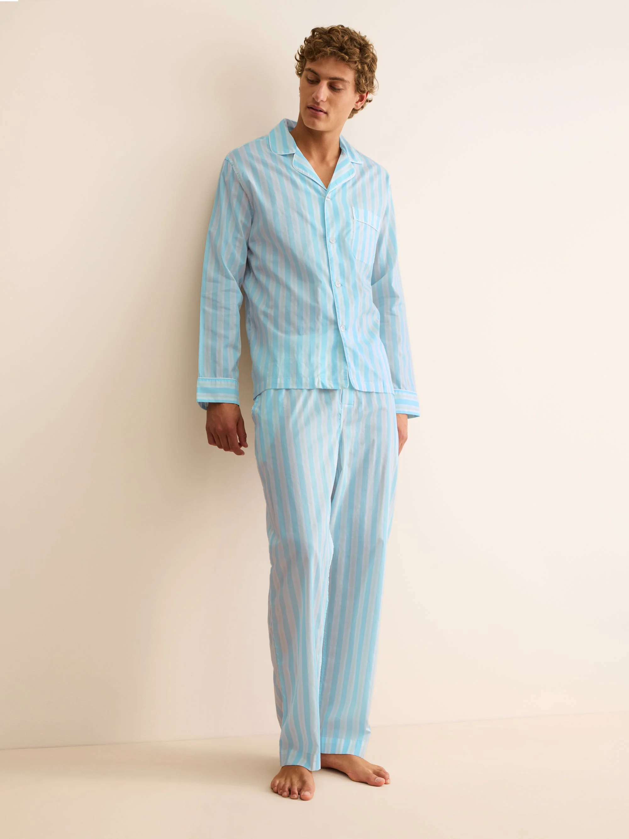 Men's Classic Fit Pajamas Amalfi Cotton Batiste Aqua Blue Stripe - 1