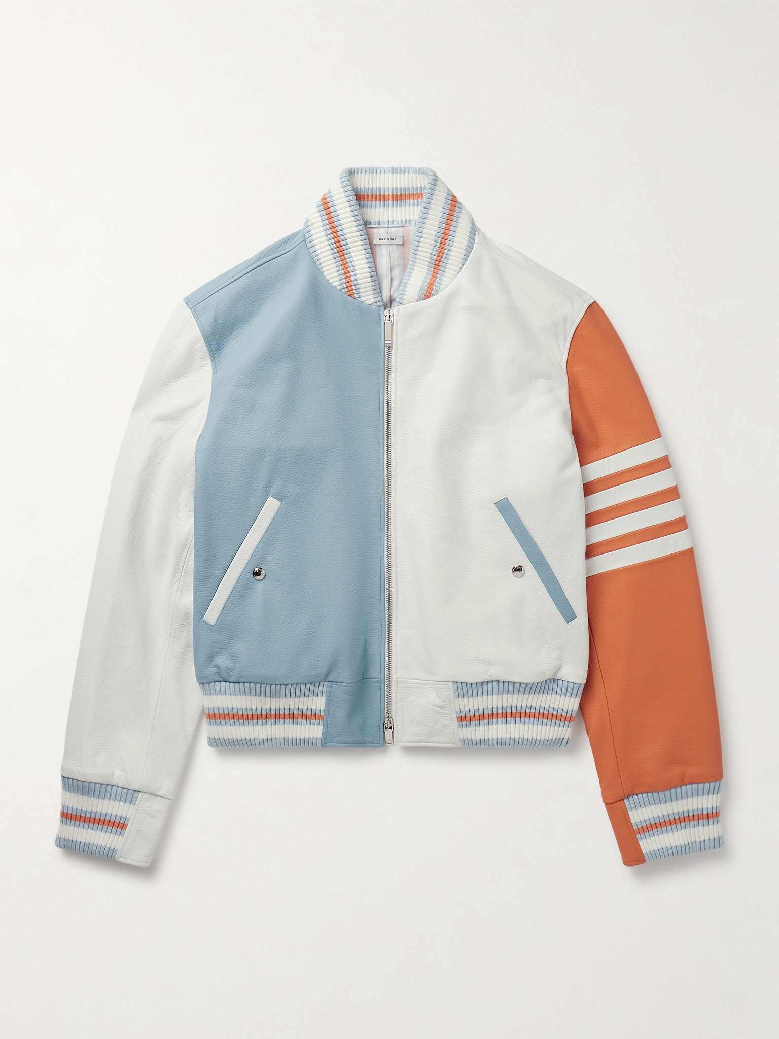 Colour-Block Striped Full-Grain Leather Blouson Jacket - 1