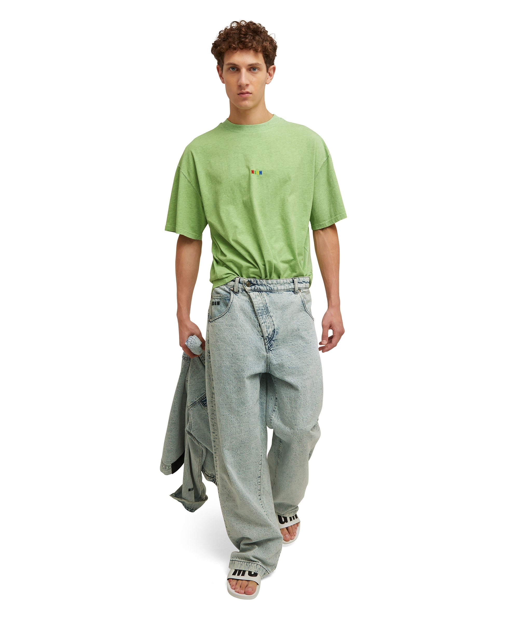 Melange cotton crewneck t-shirt with embroidered rainbow MSGM micro logo - 5